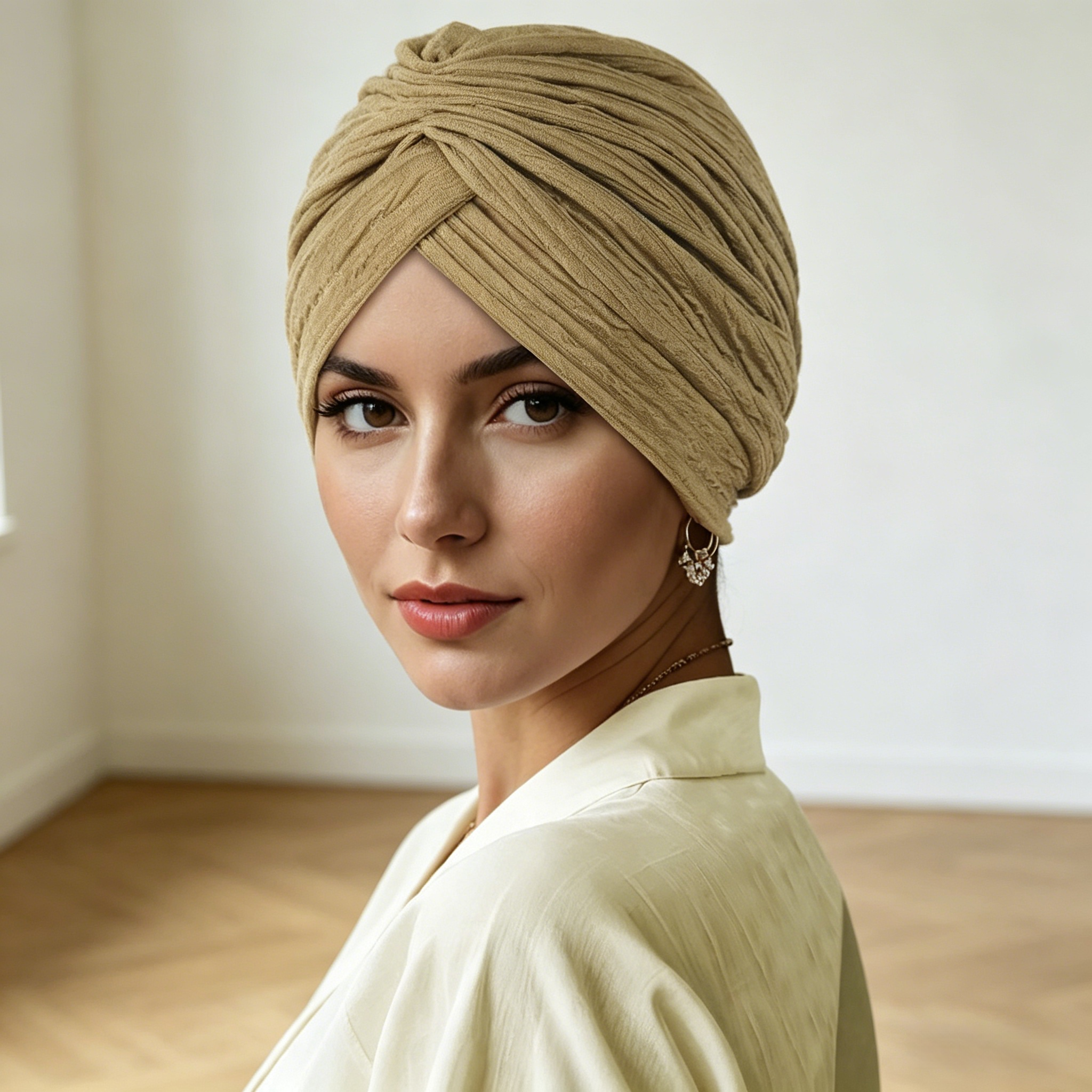 Brown Pleated Head Wrap Turban