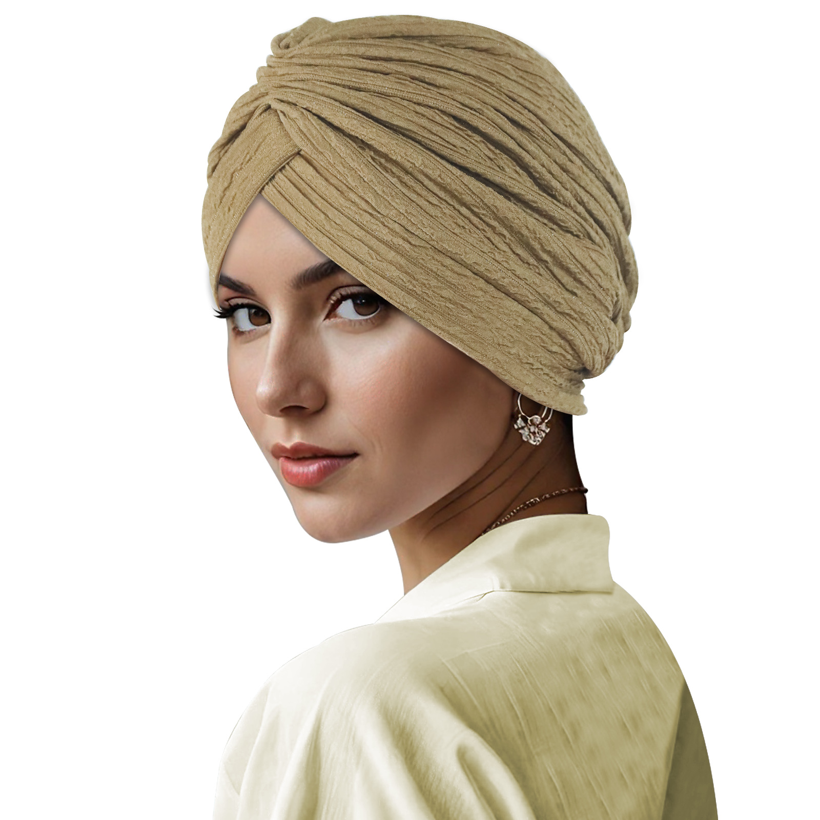 Brown Pleated Head Wrap Turban