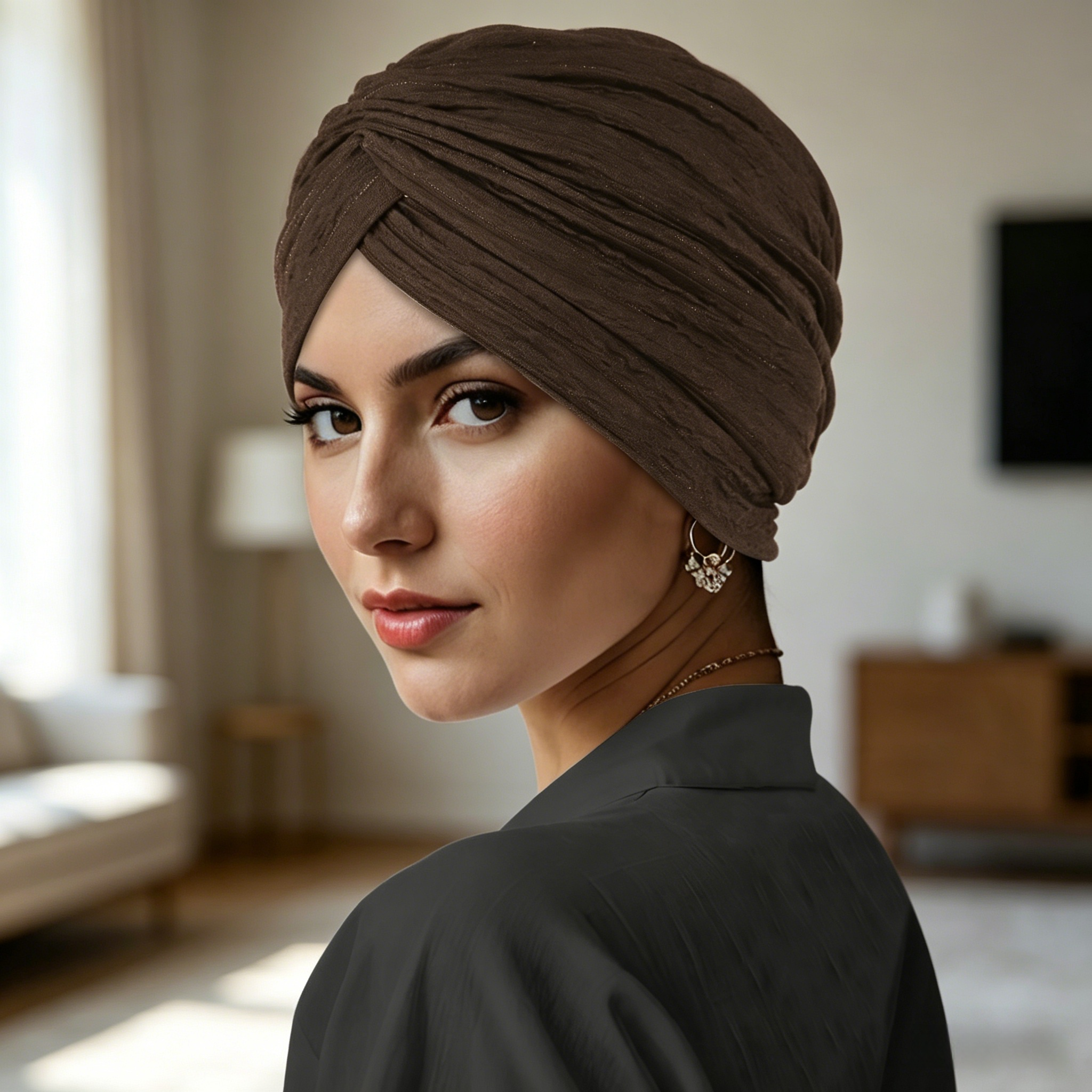 Coffee Brown Pleated Head Wrap Turban
