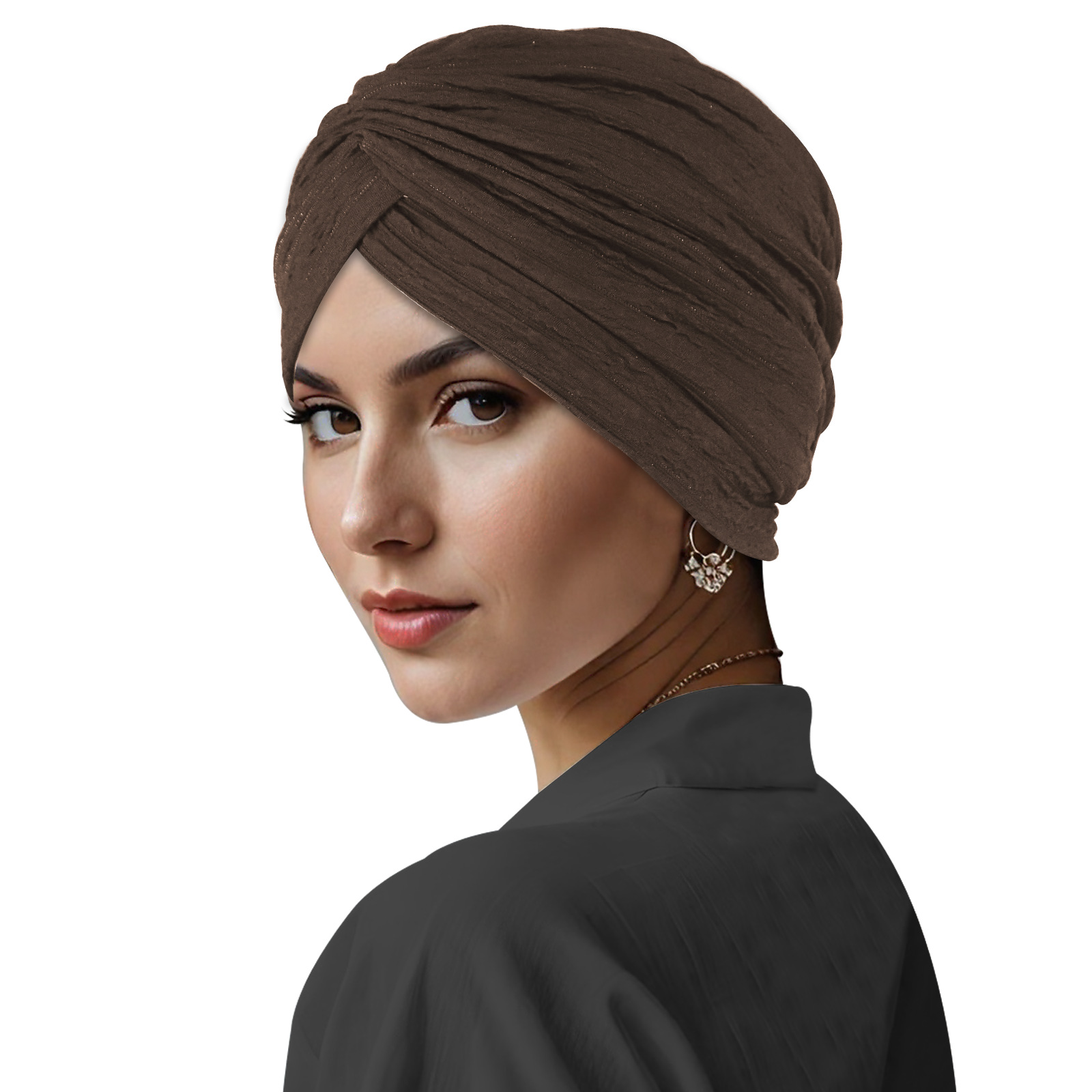 Coffee Brown Pleated Head Wrap Turban