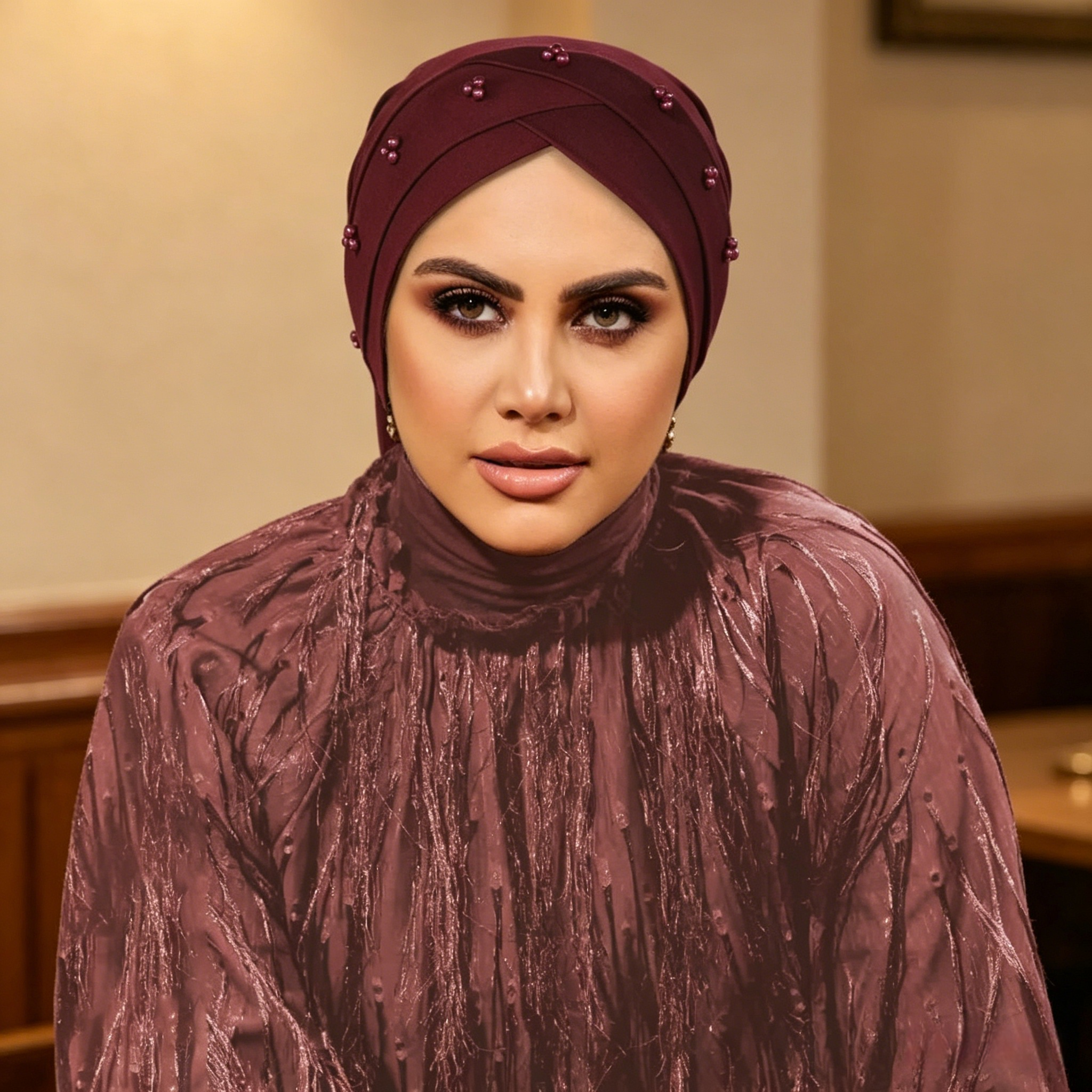 Burgundy Turban with Pearl Embellishment