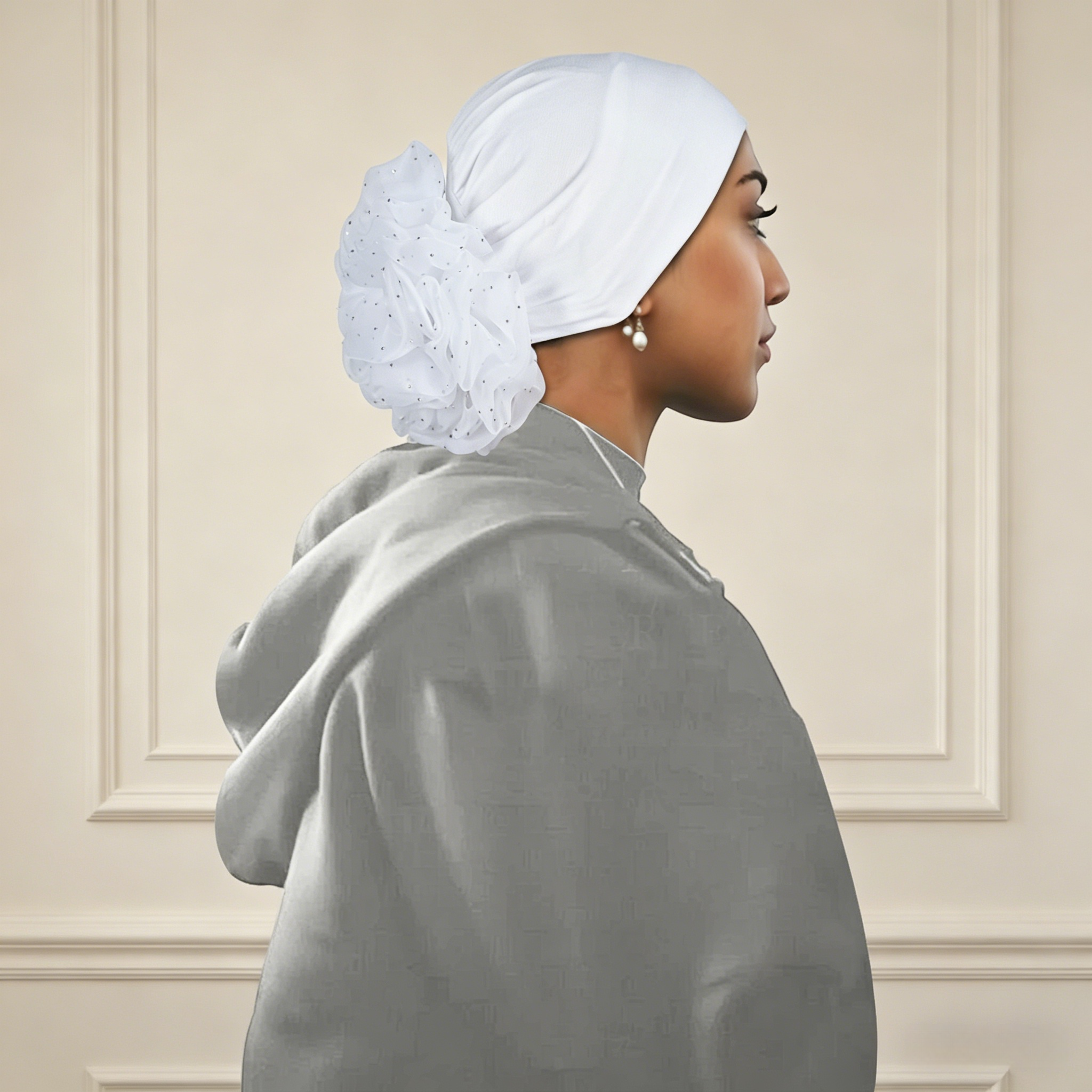 White Hijab with Flower Elastic Detail