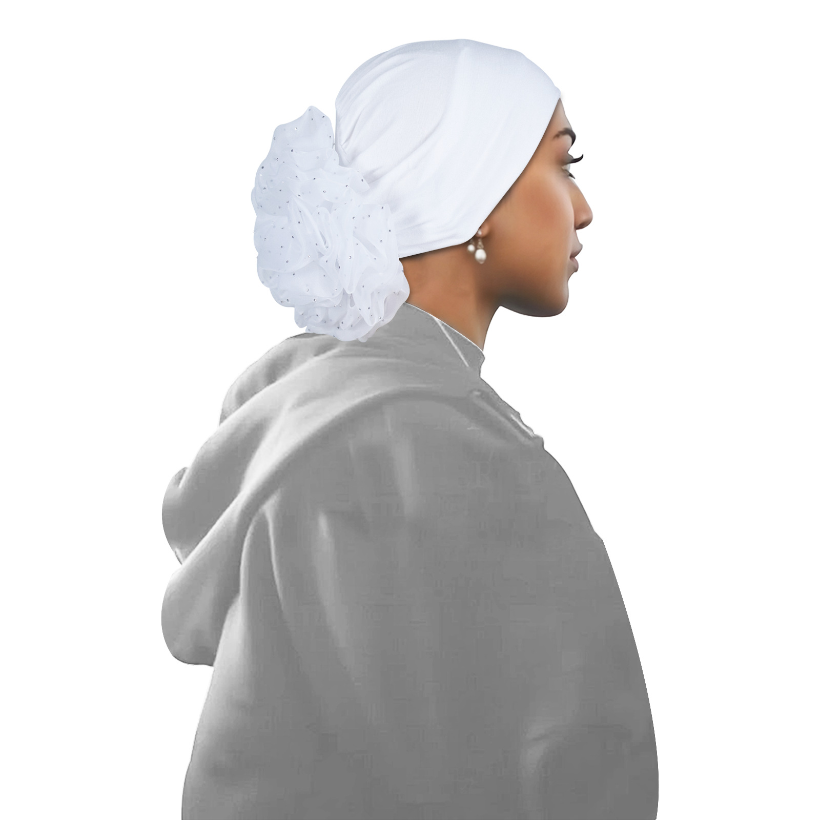 White Hijab with Flower Elastic Detail