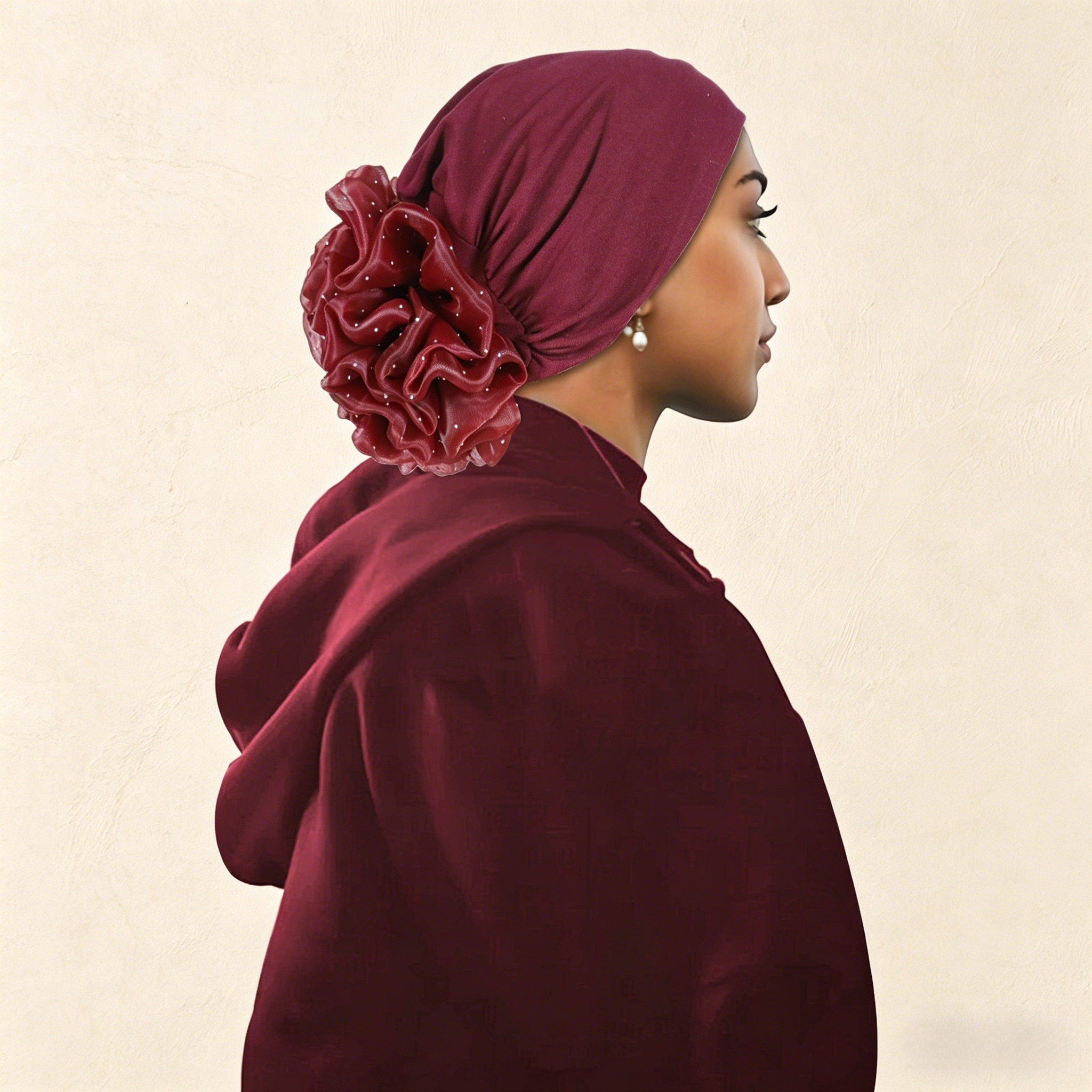 Burgundy Hijab with Flower Elastic Detail