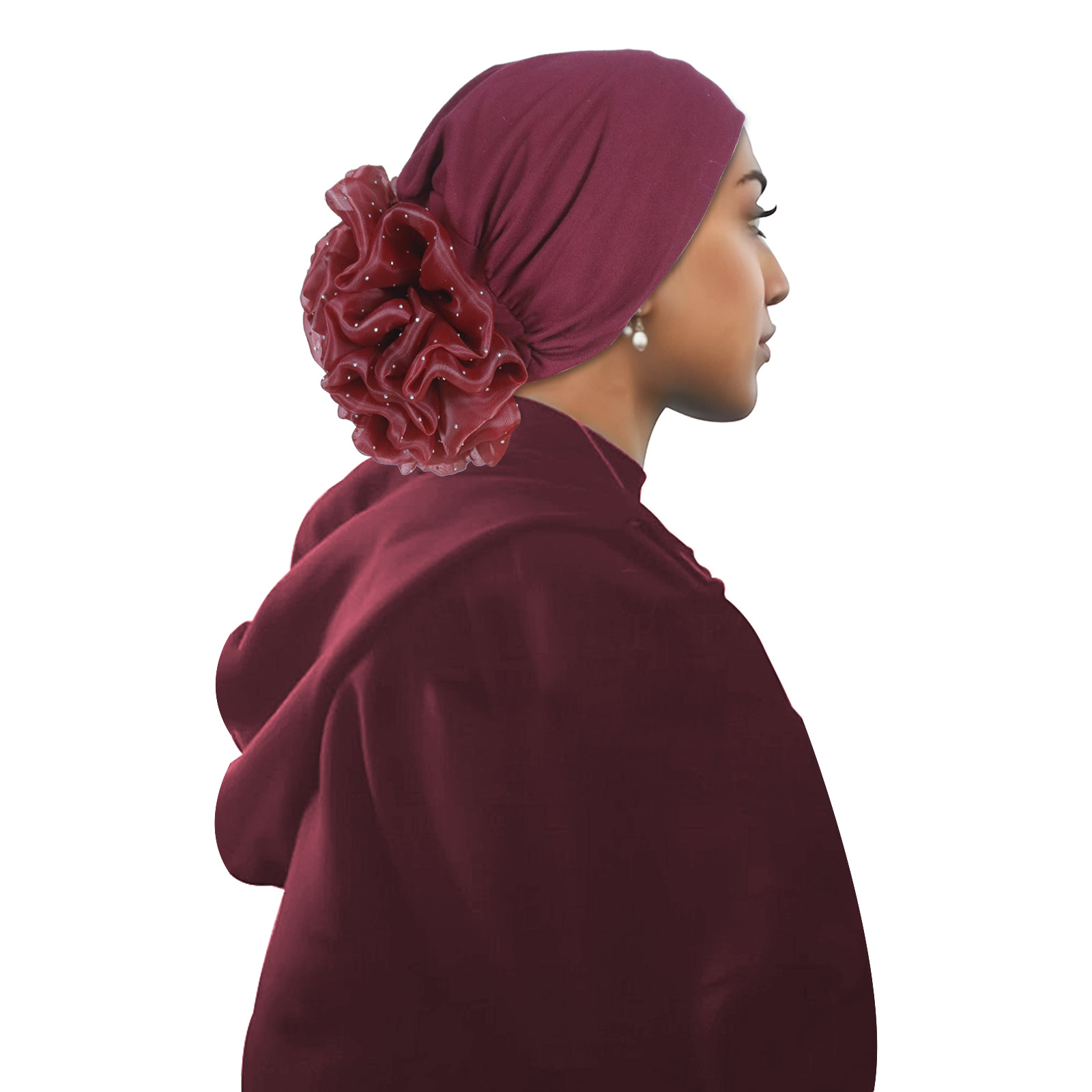 Burgundy Hijab with Flower Elastic Detail