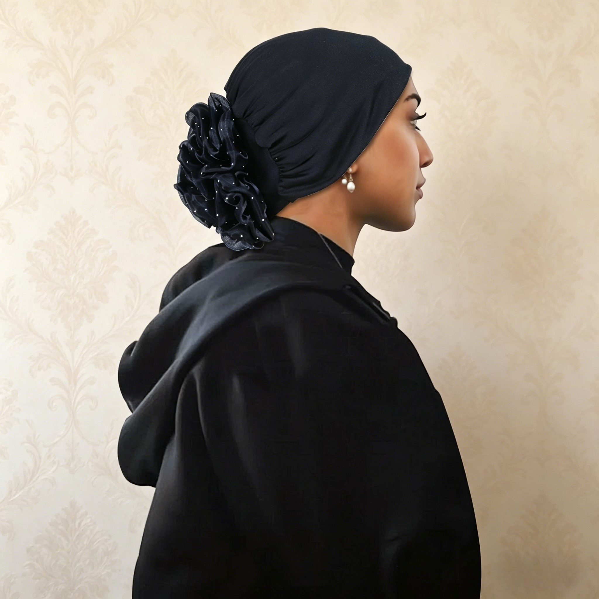 Black Pleated Head Wrap Turban