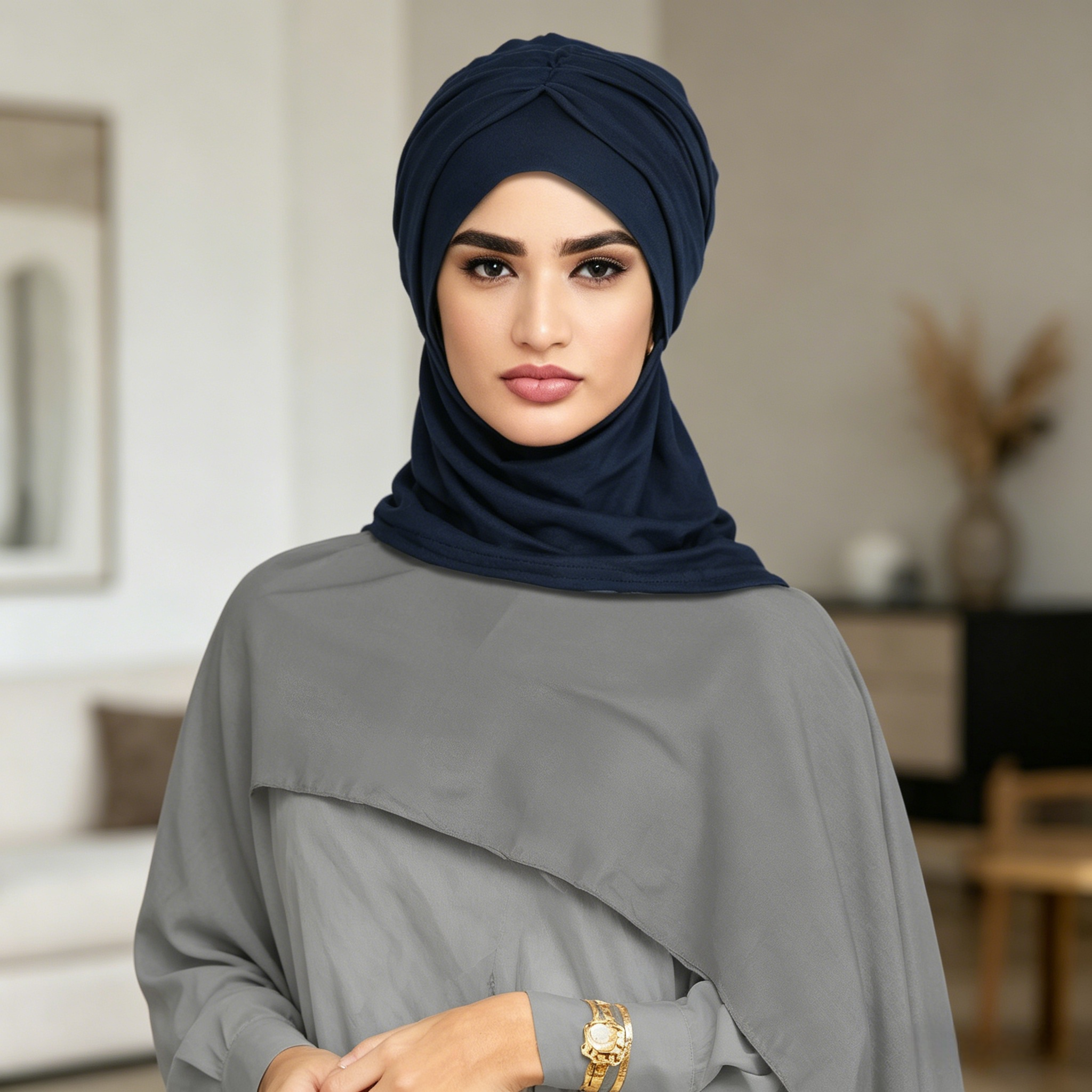 Navy Blue Pleated Hijab Cap