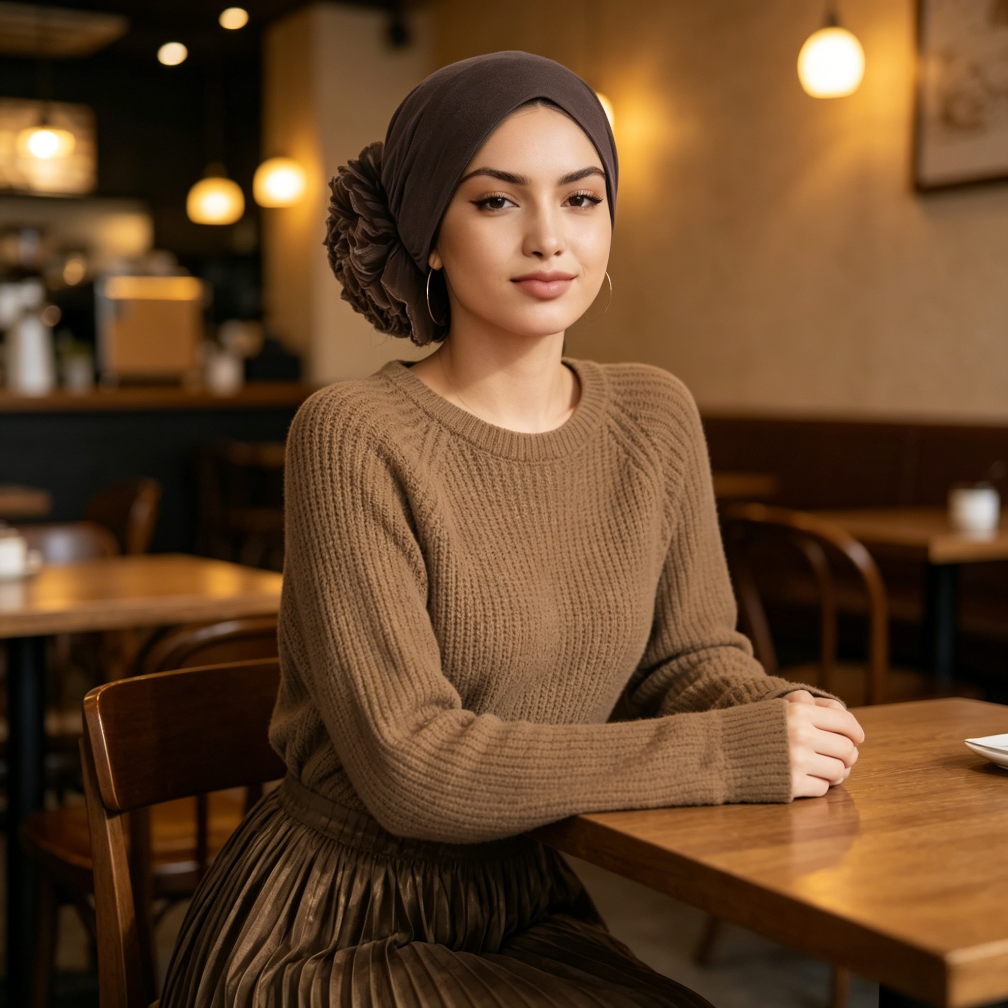 Coffee Brown Hijab with Flower Elastic Detail