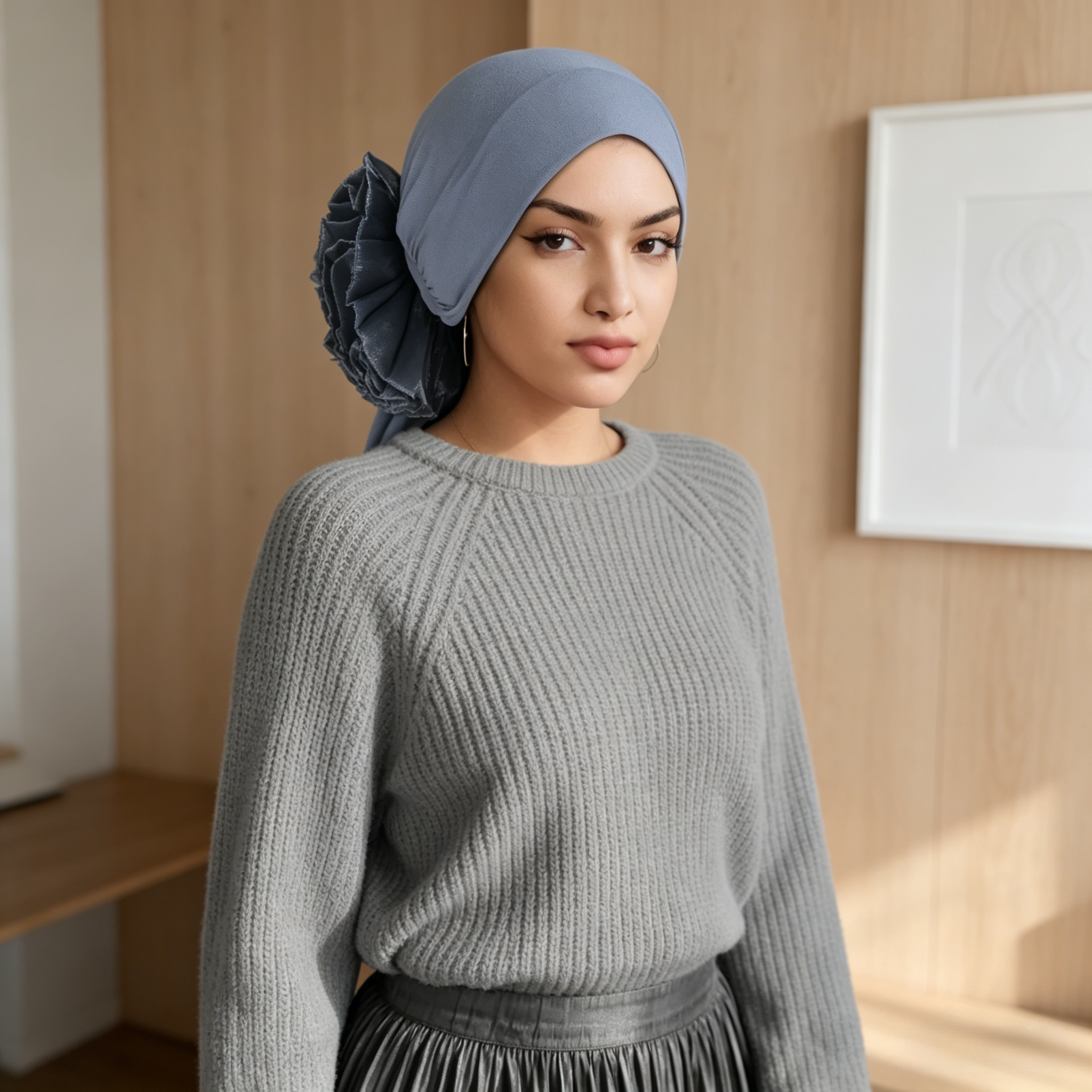 Grey Hijab with Flower Elastic Detail