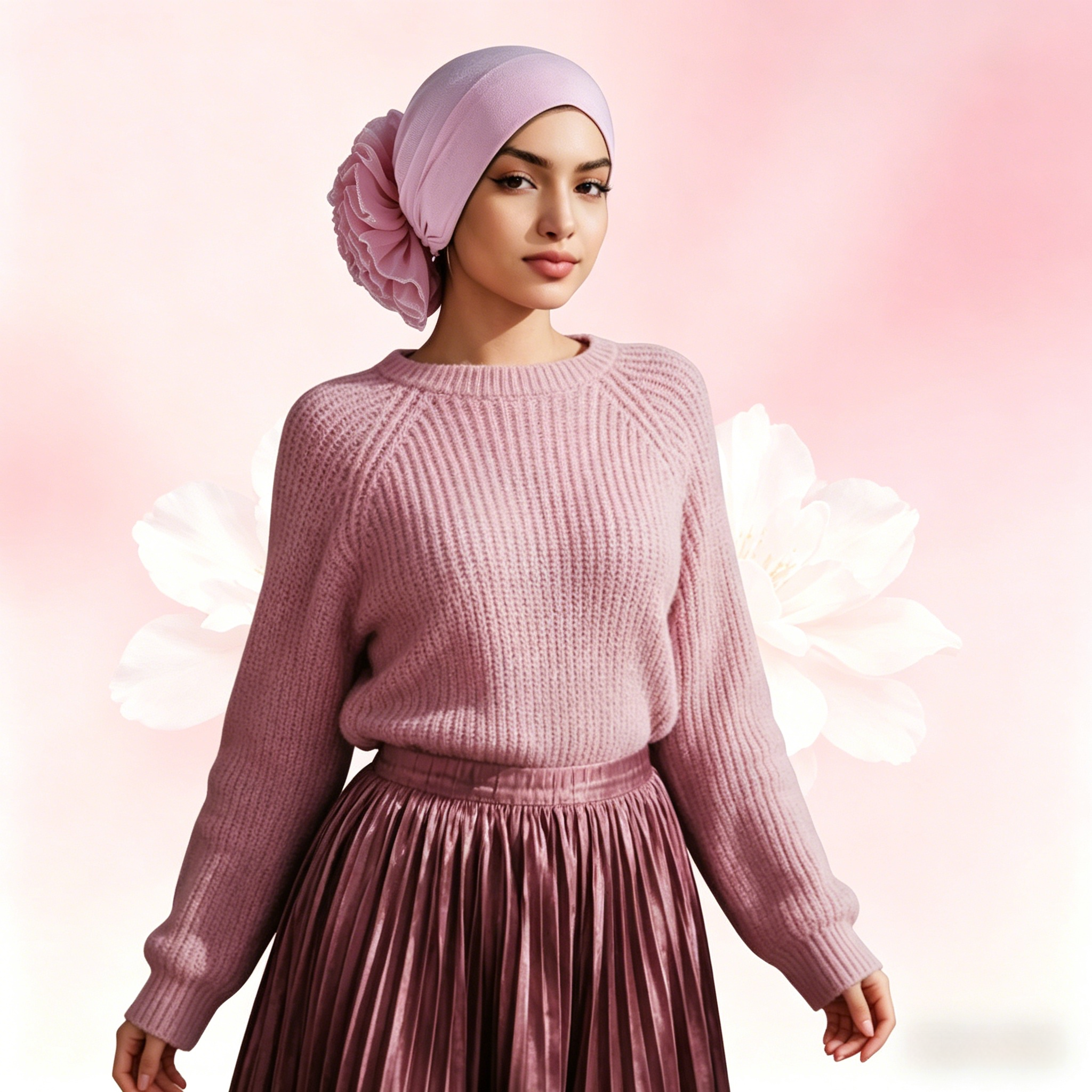 Light Pink Hijab with Flower Elastic Detail
