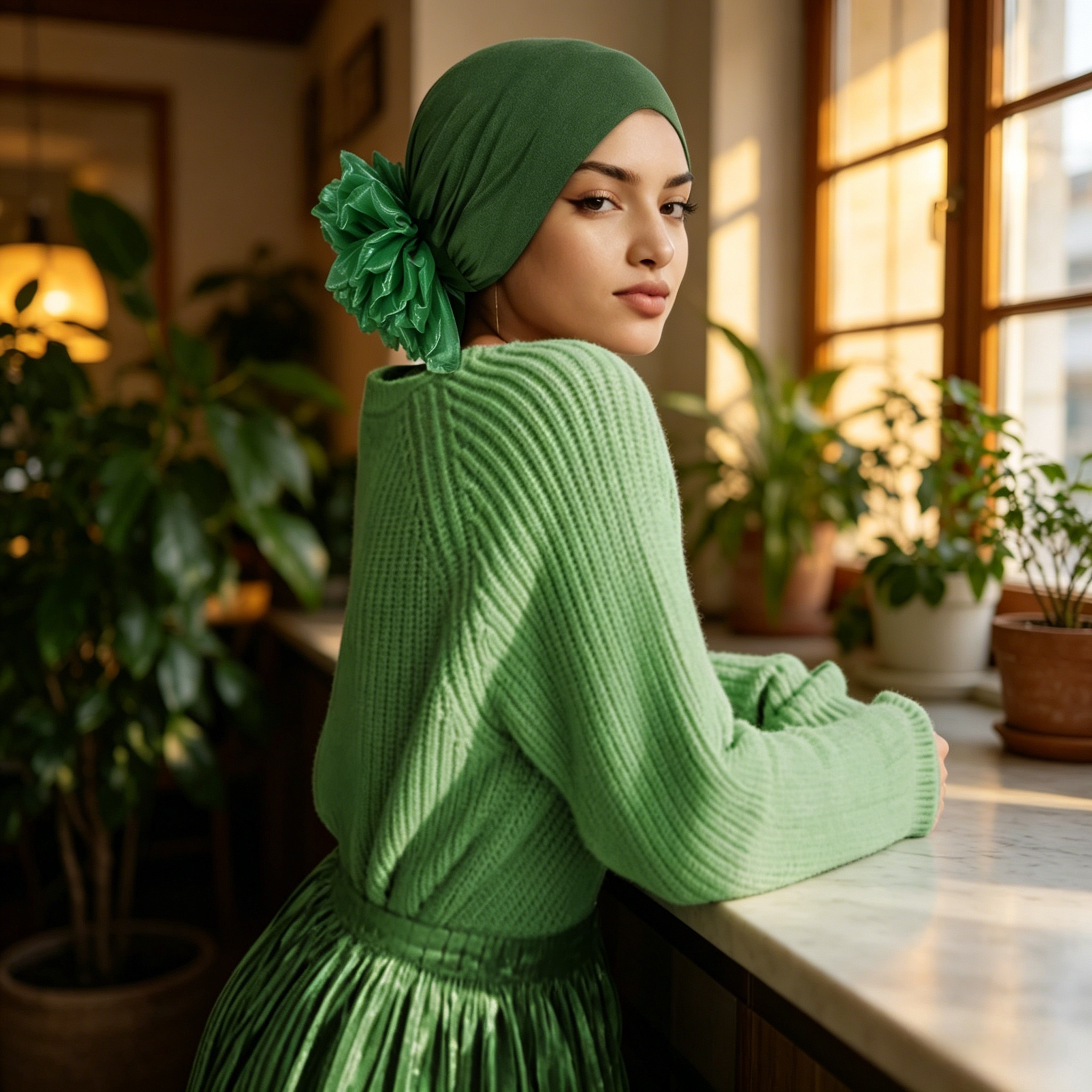 Green Hijab with Flower Elastic Detail