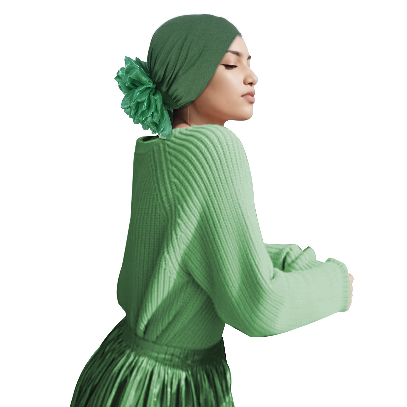 Green Hijab with Flower Elastic Detail