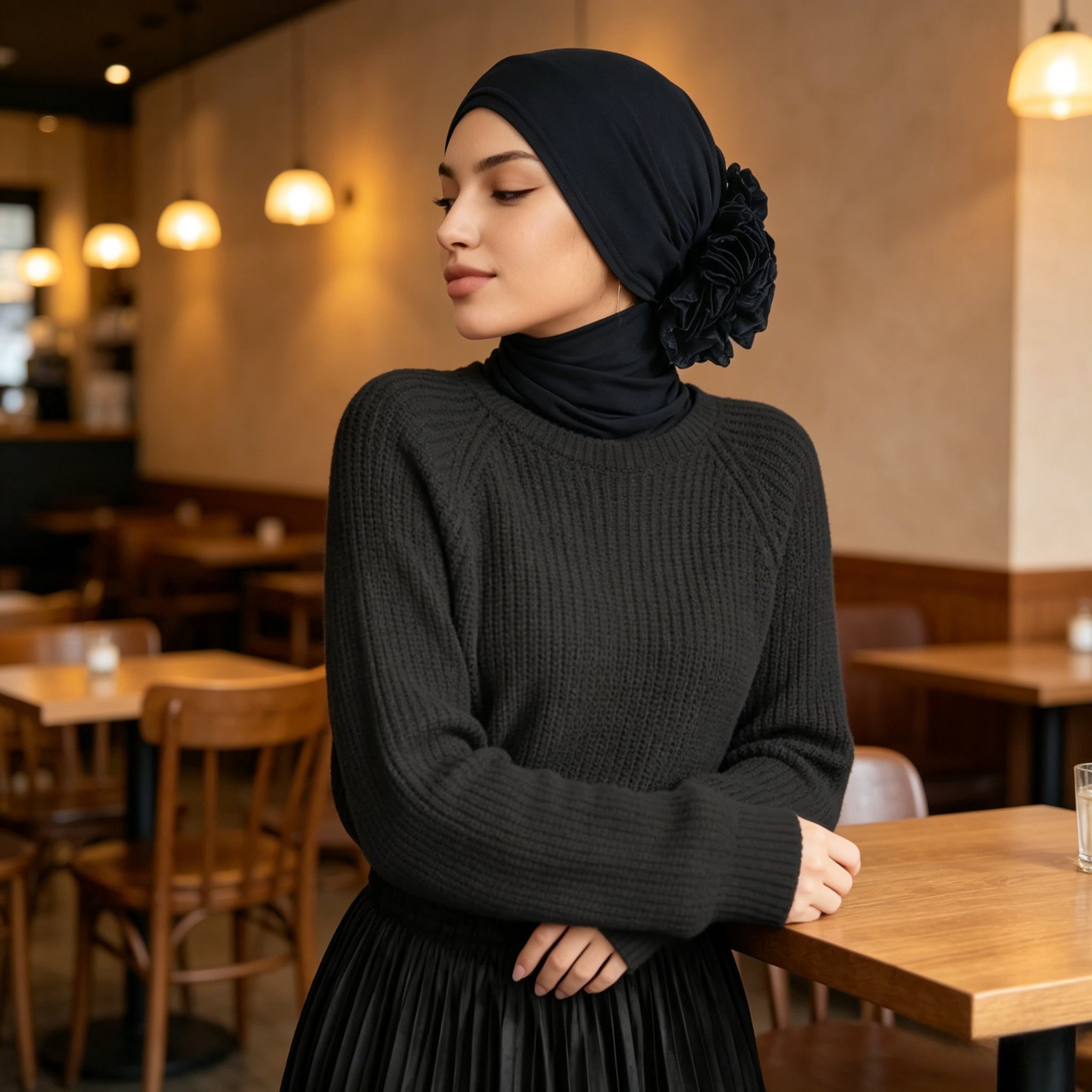 Black Hijab with Flower Elastic Detail