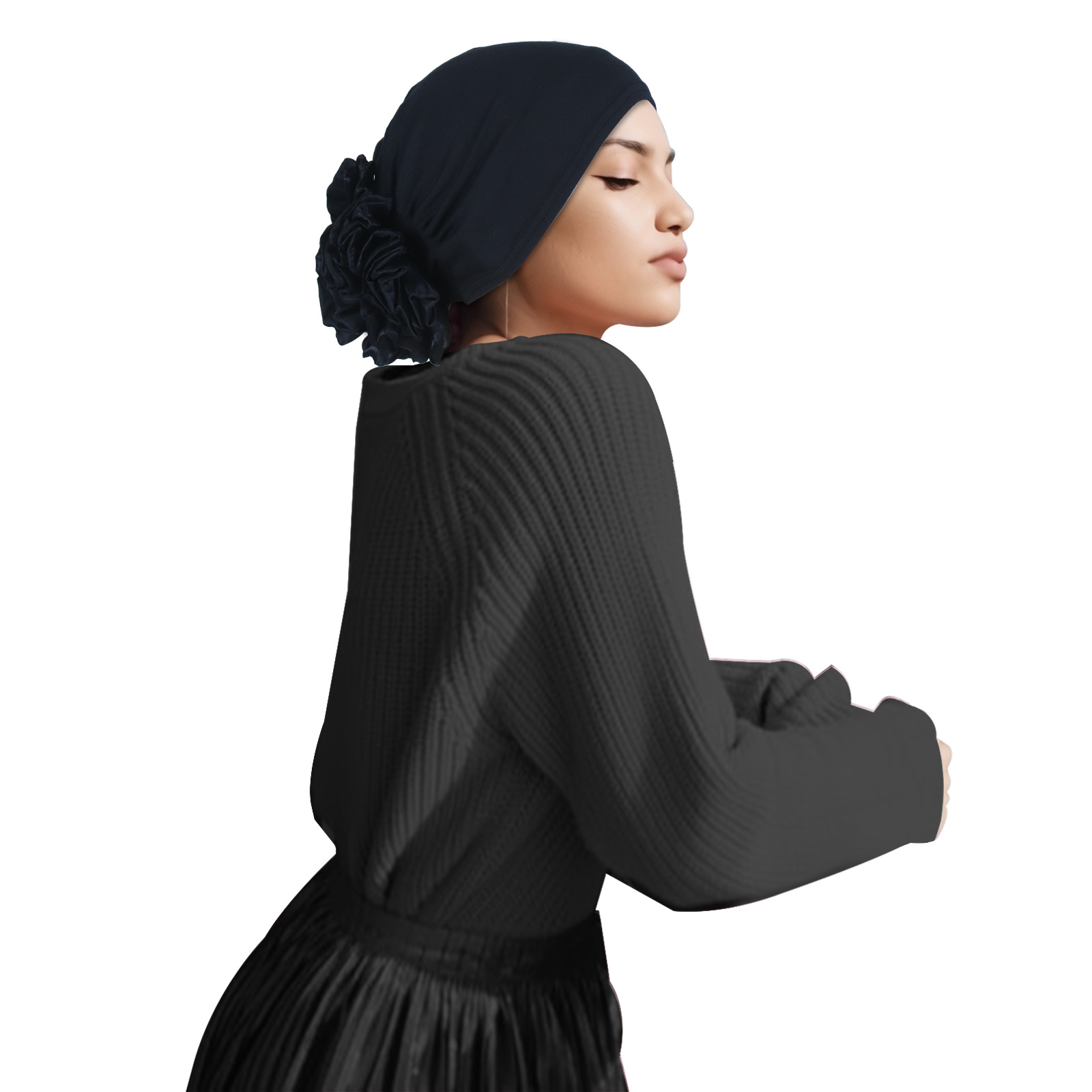 Black Hijab with Flower Elastic Detail