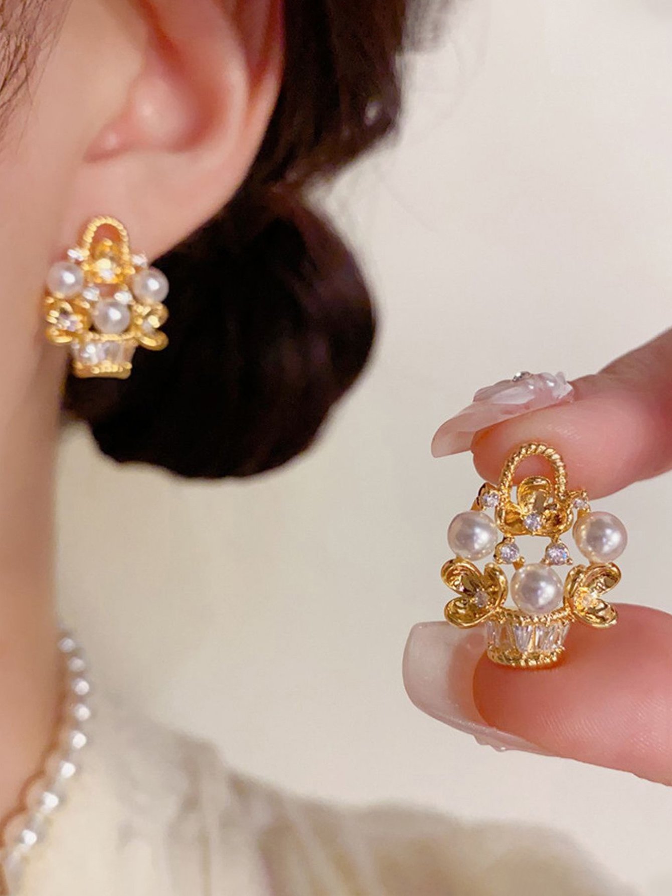 Faux Pearl Basket Stud Earrings