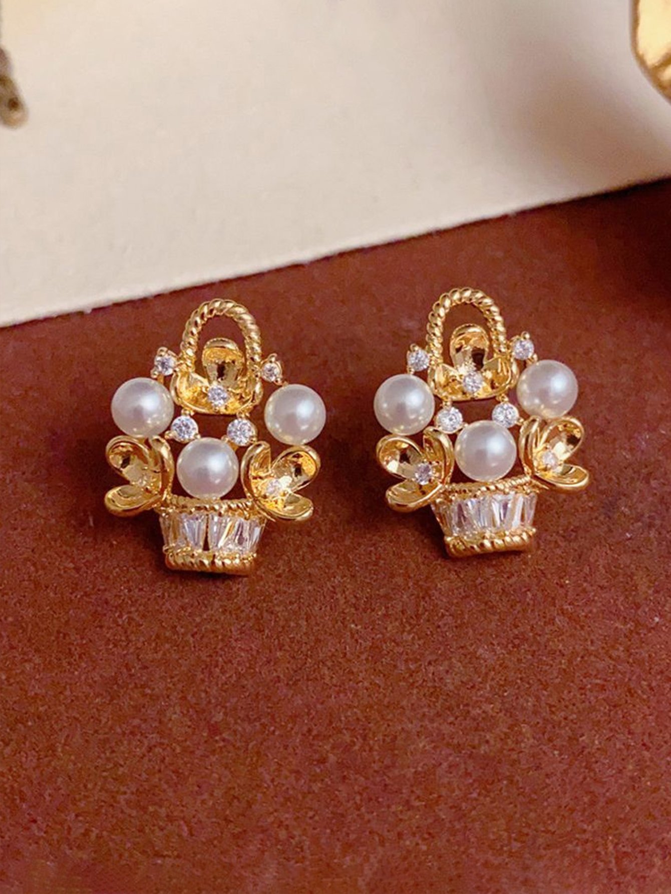 Faux Pearl Basket Stud Earrings