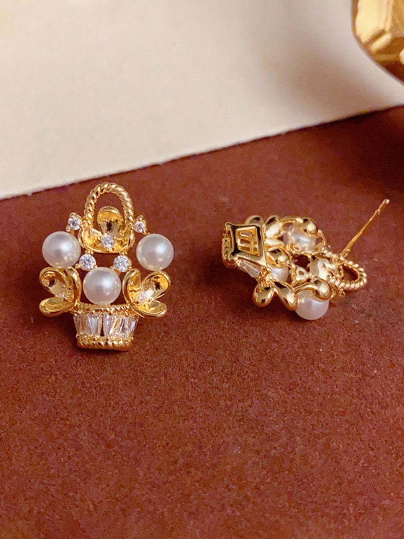 Faux Pearl Basket Stud Earrings