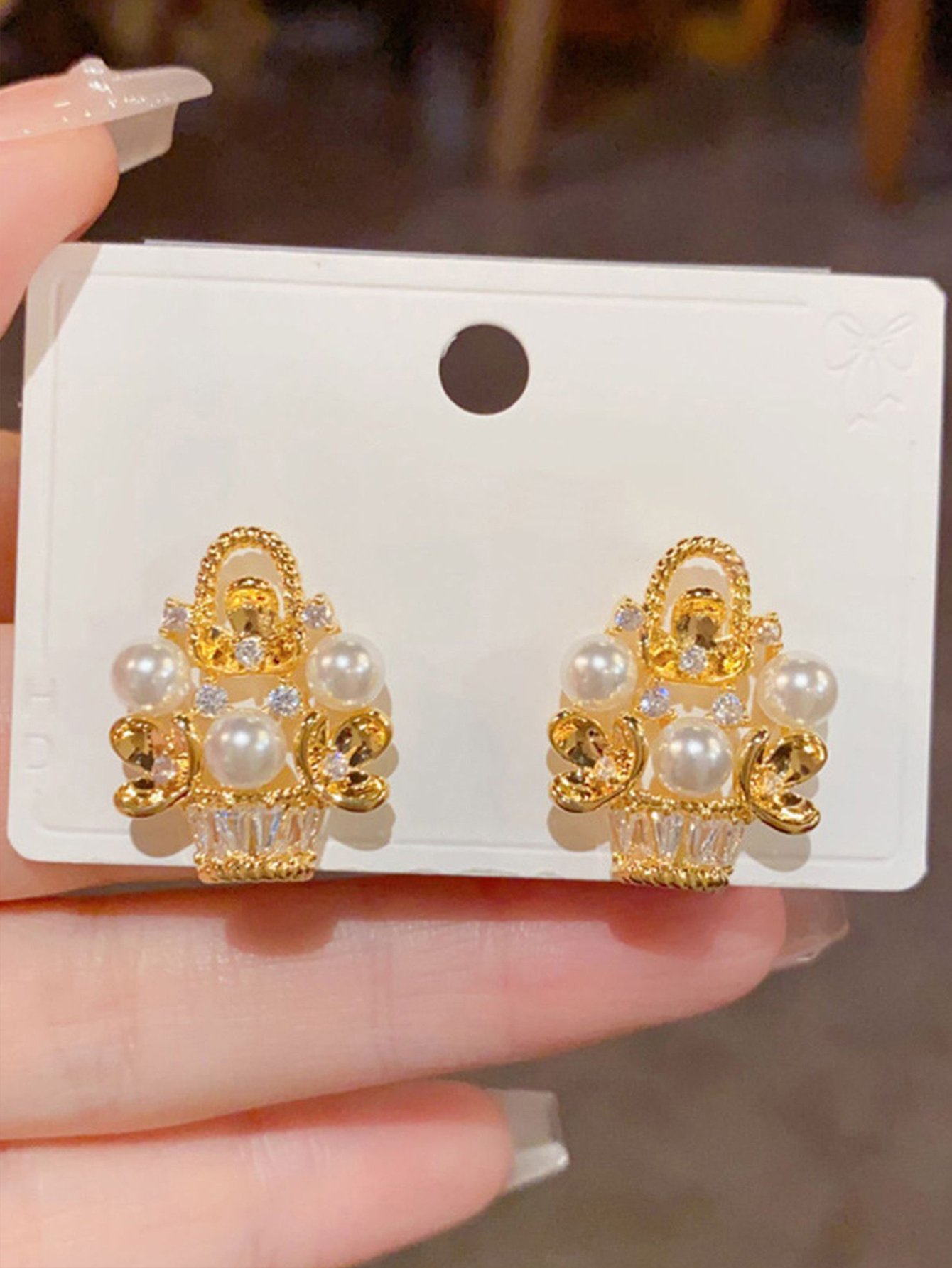 Faux Pearl Basket Stud Earrings