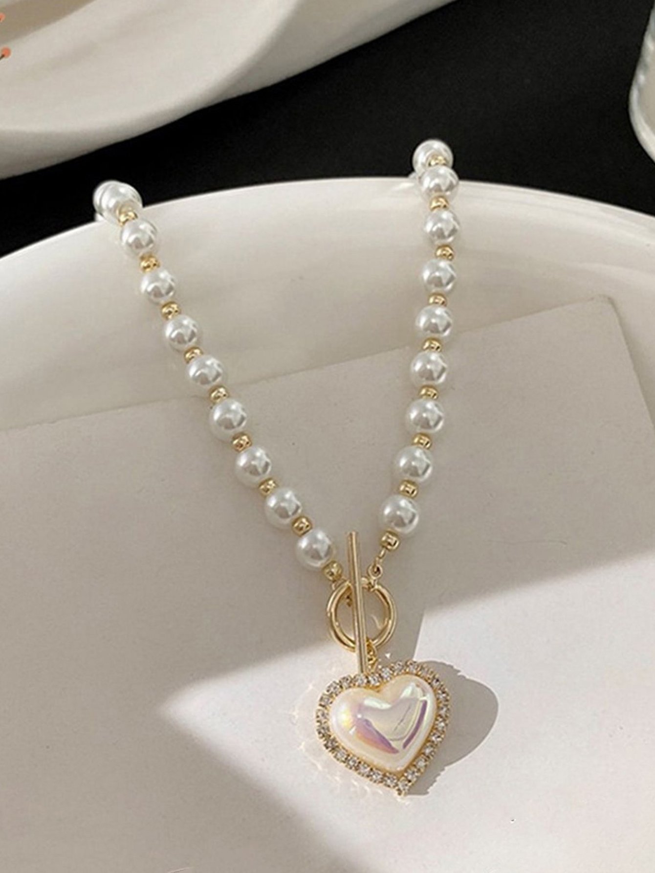 Faux Pearl Heart Pendant Necklace