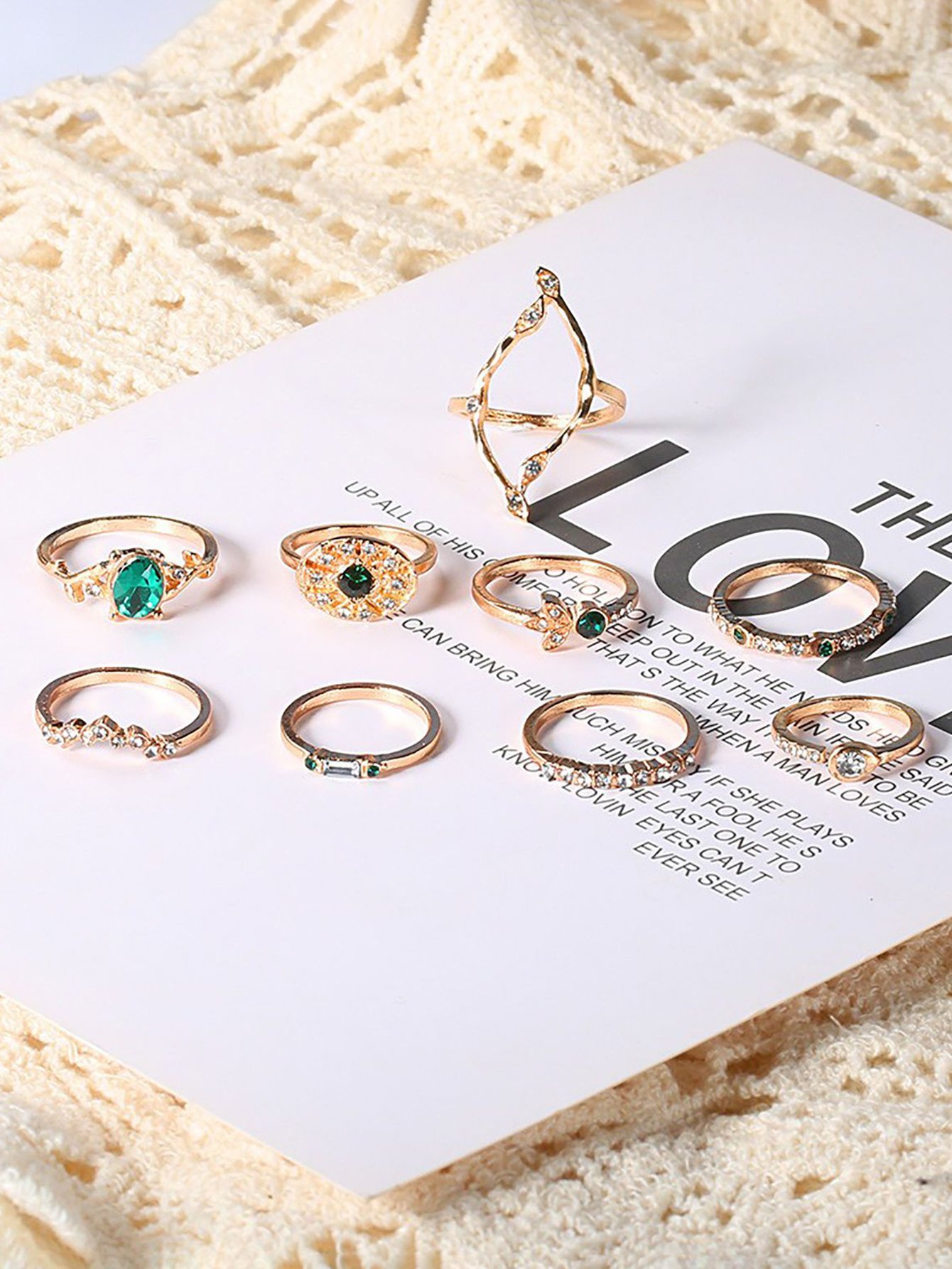 Gold Set of 9 Embellished Ring