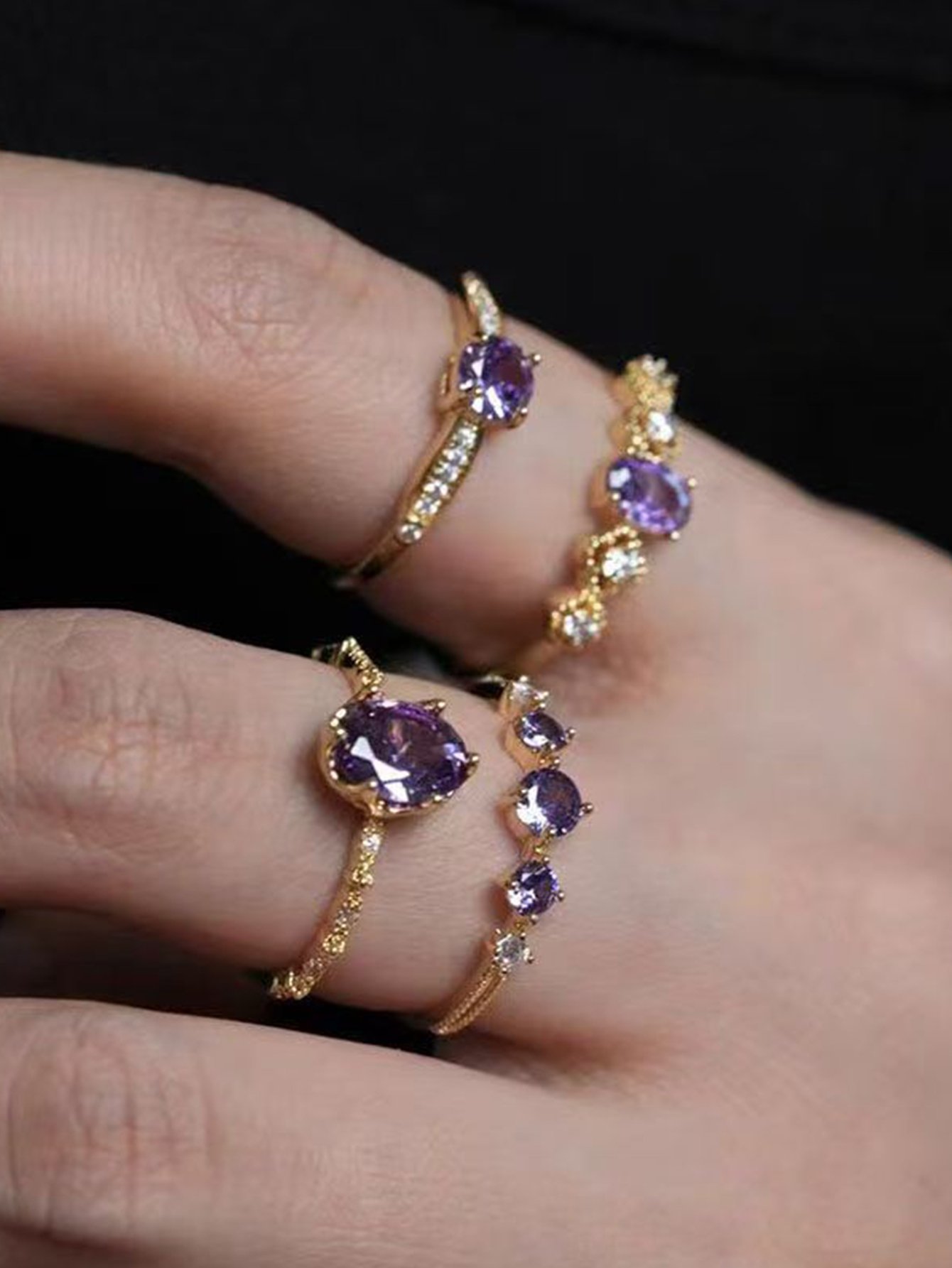 Golden Amethyst Sparkle Stackable Rings