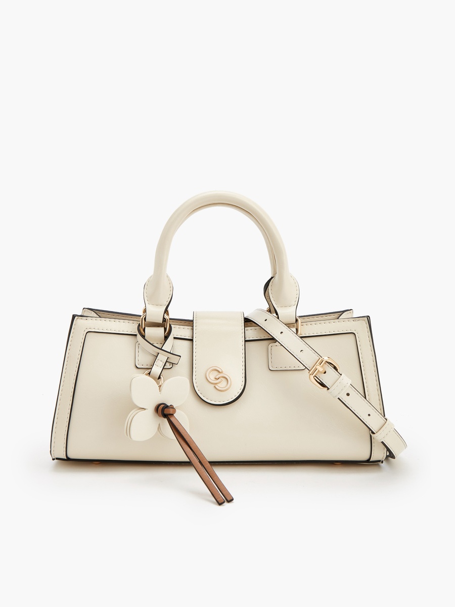 Solid Top Handle Bag with Floral Charm