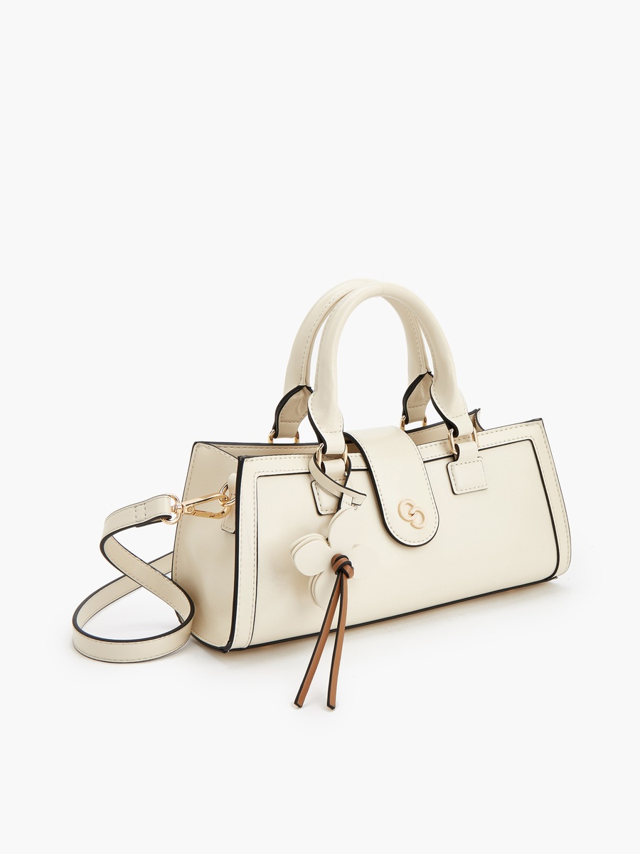 Solid Top Handle Bag with Floral Charm