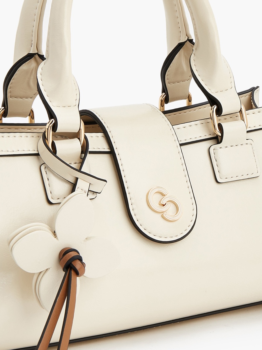 Solid Top Handle Bag with Floral Charm