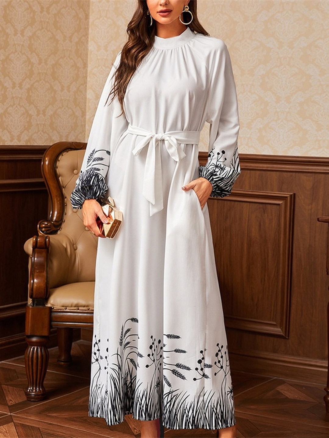 White Border Print A-Line Maxi Dress with Tie-Belt