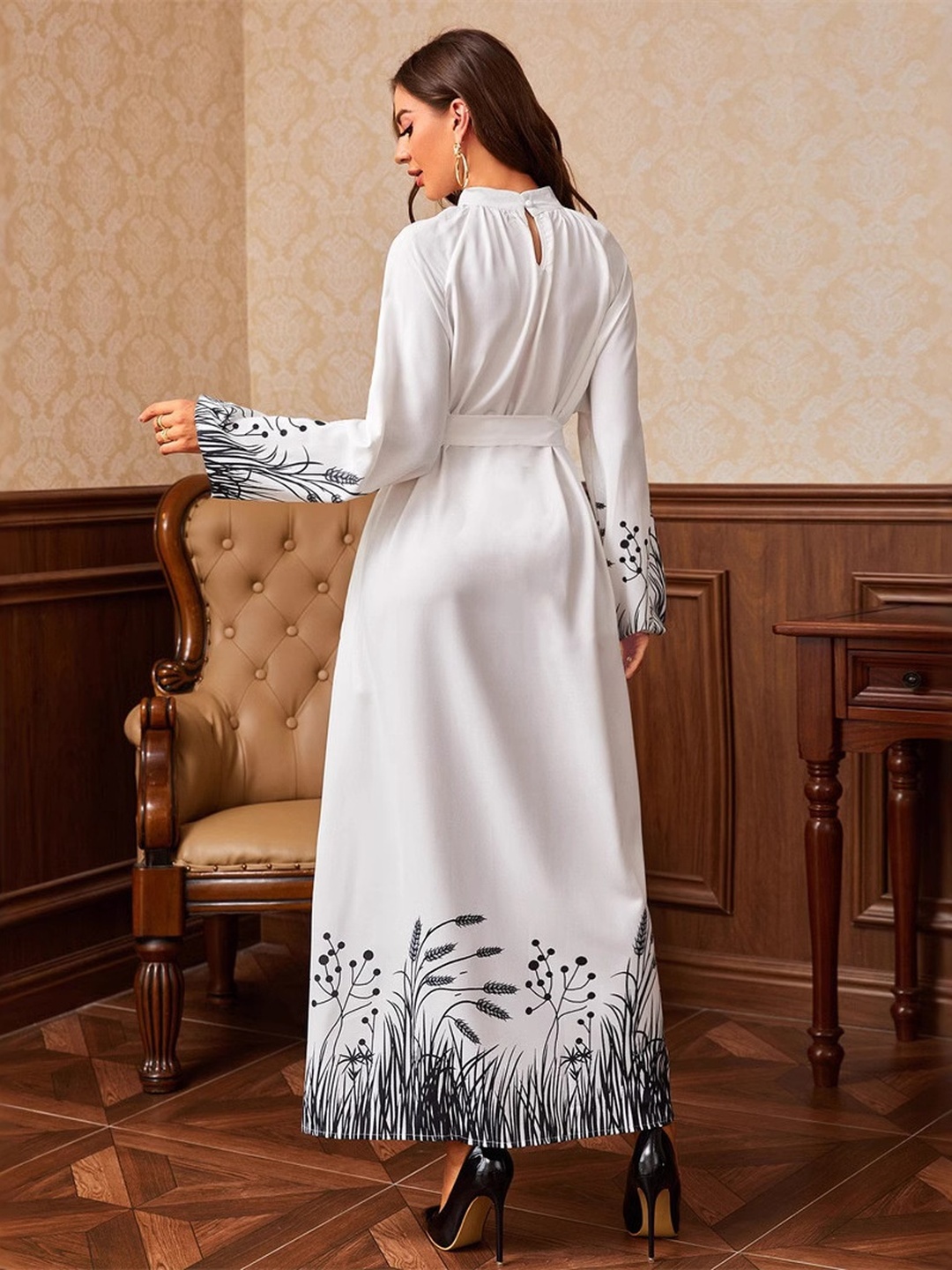 White Border Print A-Line Maxi Dress with Tie-Belt