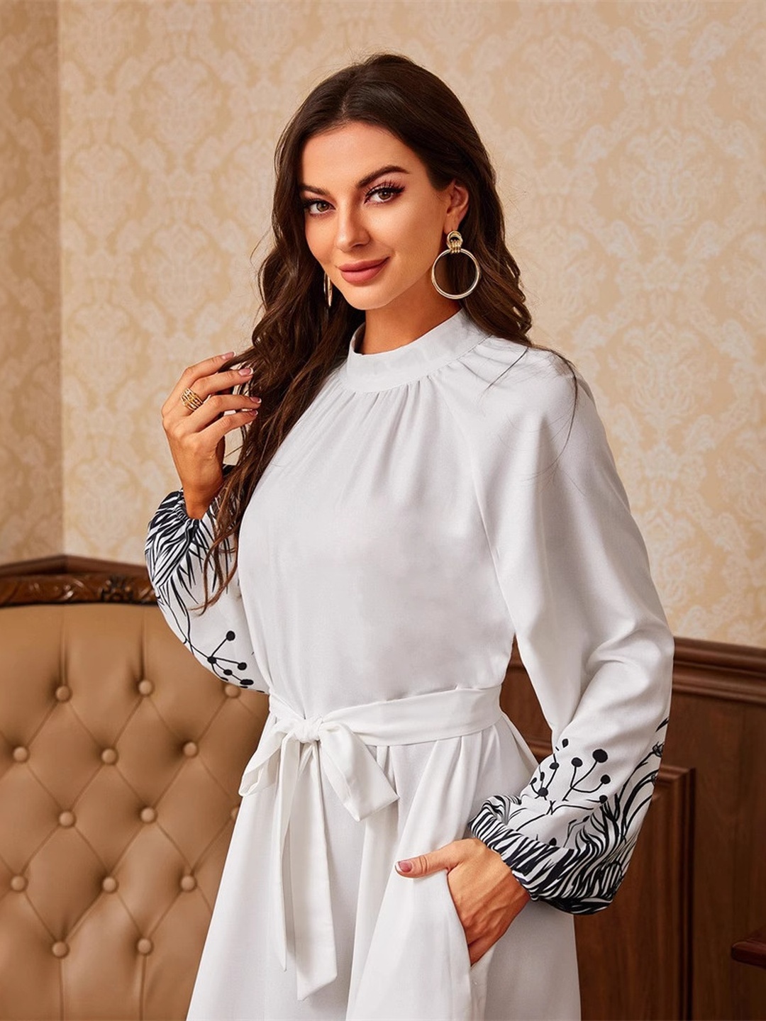 White Border Print A-Line Maxi Dress with Tie-Belt