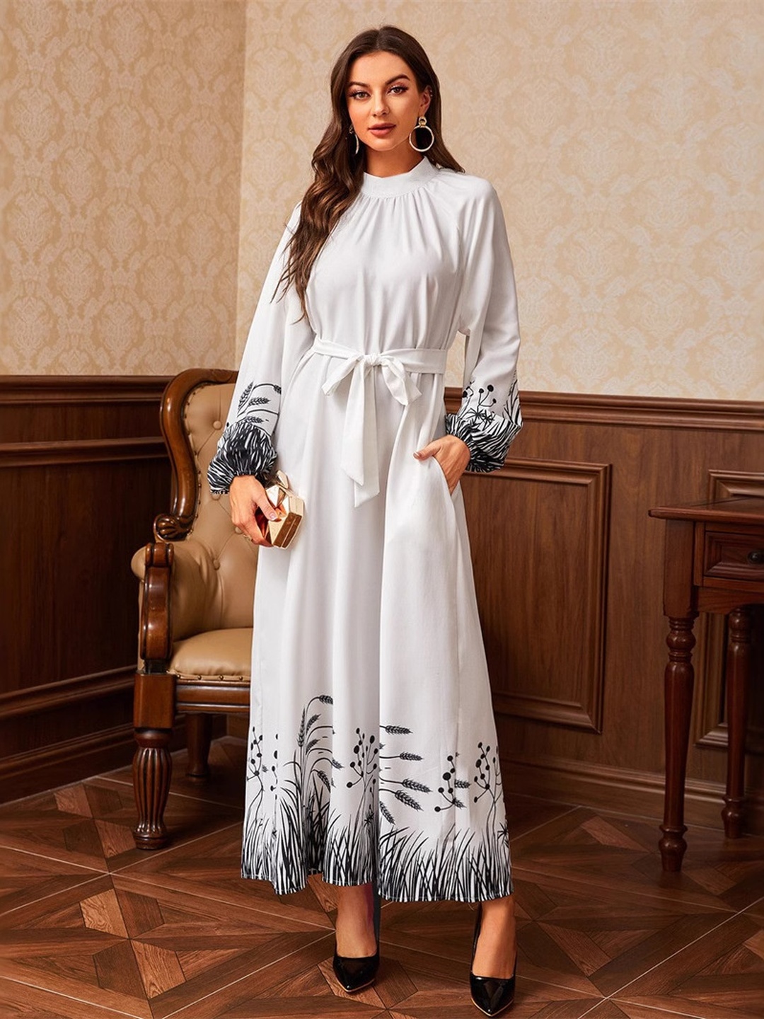 White Border Print A-Line Maxi Dress with Tie-Belt