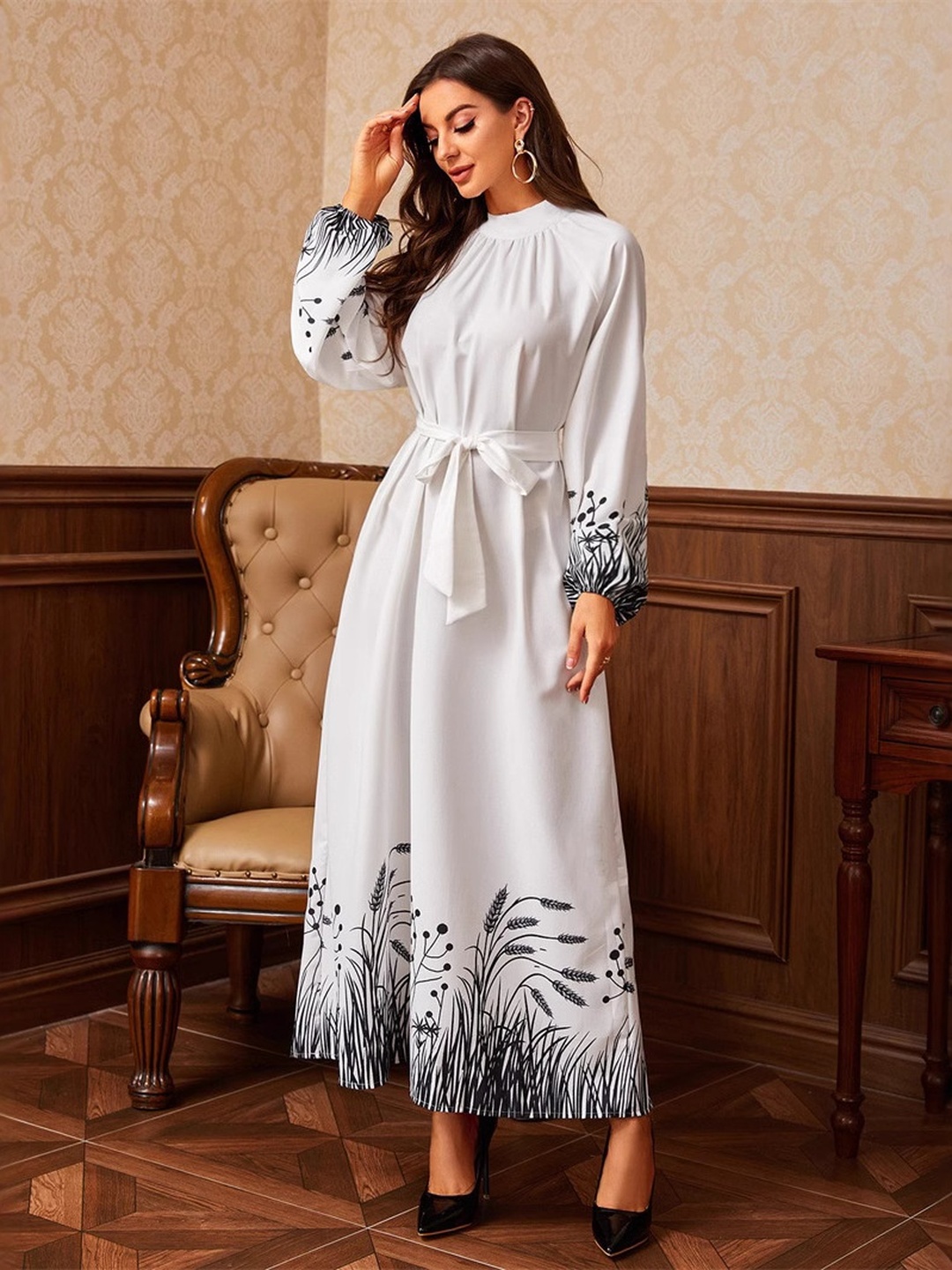 White Border Print A-Line Maxi Dress with Tie-Belt
