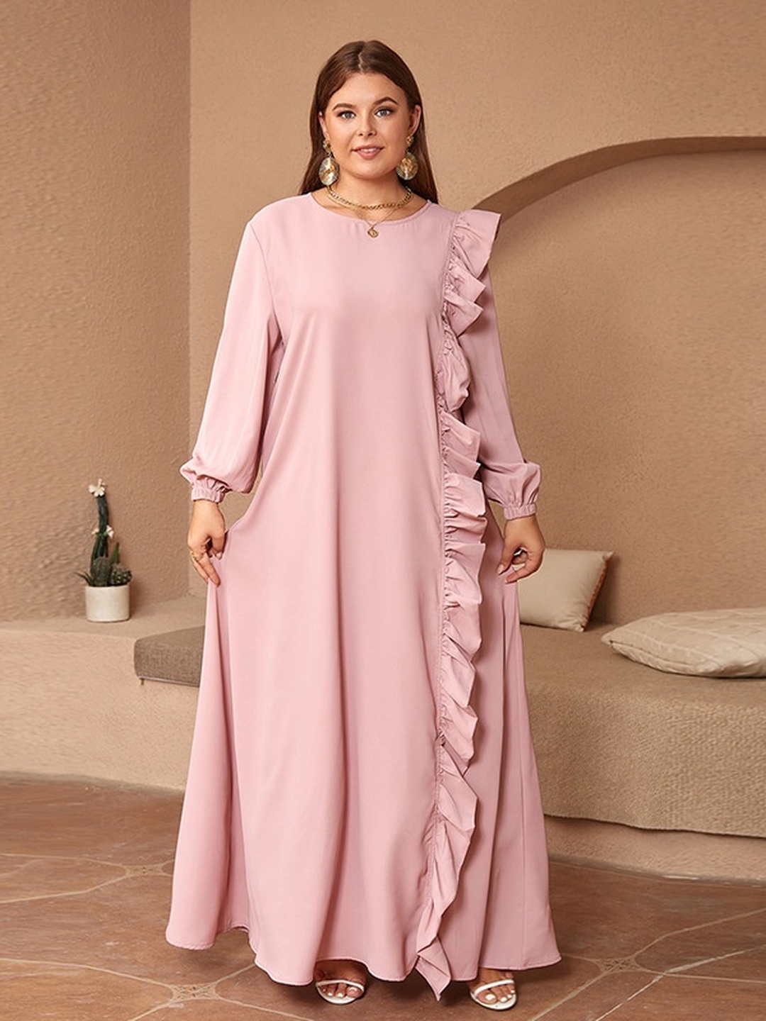 Pink Ruffled Panel Shift Maxi Dress