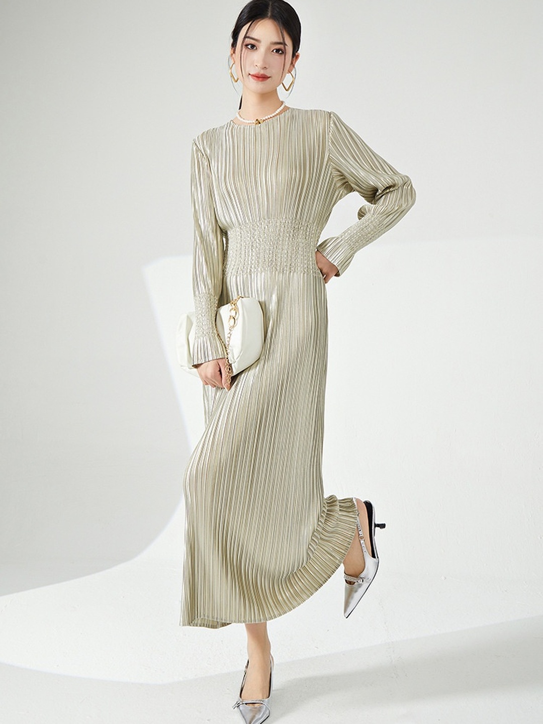 Cream Plisse Gathered Waist Maxi Dress