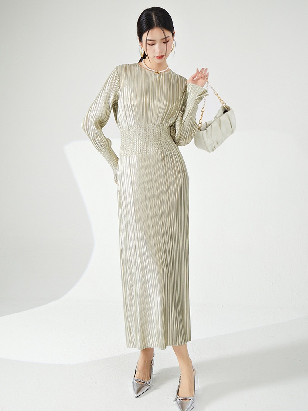 Cream Plisse Gathered Waist Maxi Dress