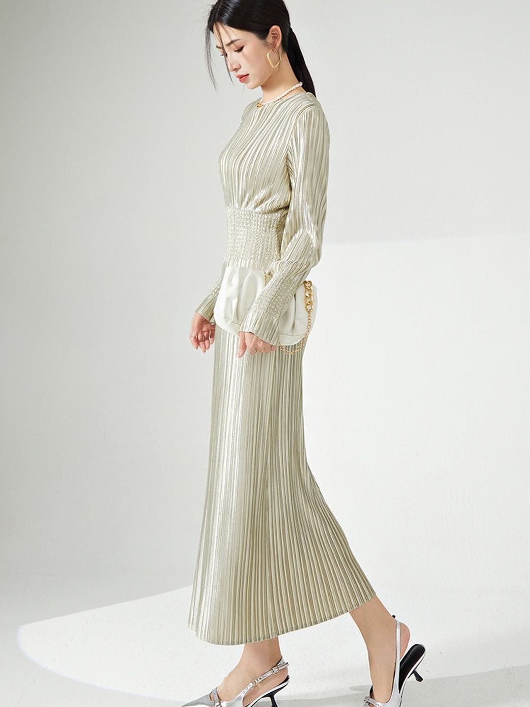 Cream Plisse Gathered Waist Maxi Dress