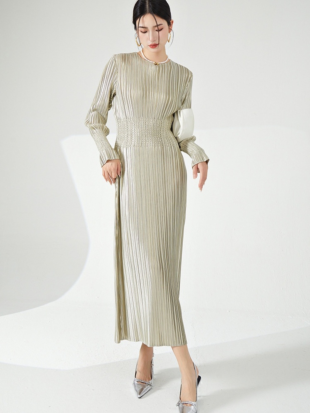 Cream Plisse Gathered Waist Maxi Dress