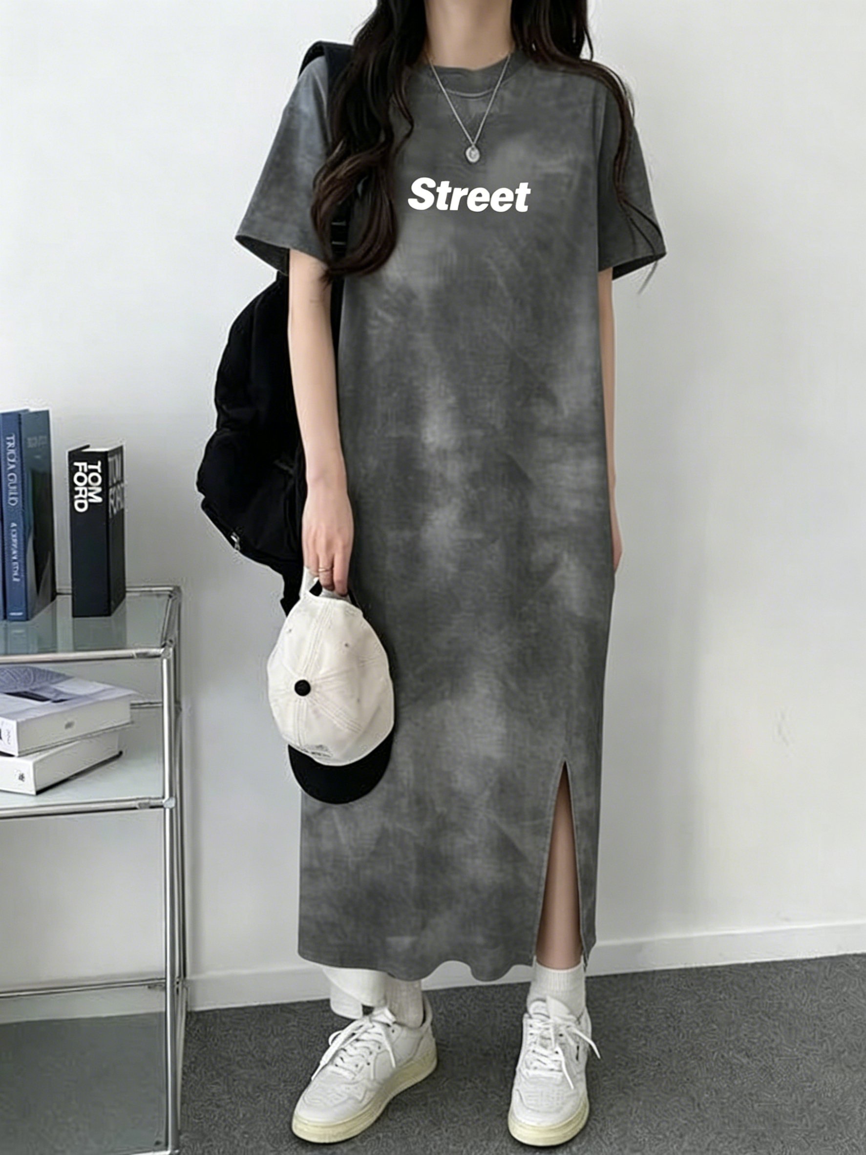 Grey Tie-Dye Print Midi T-Shirt Dress