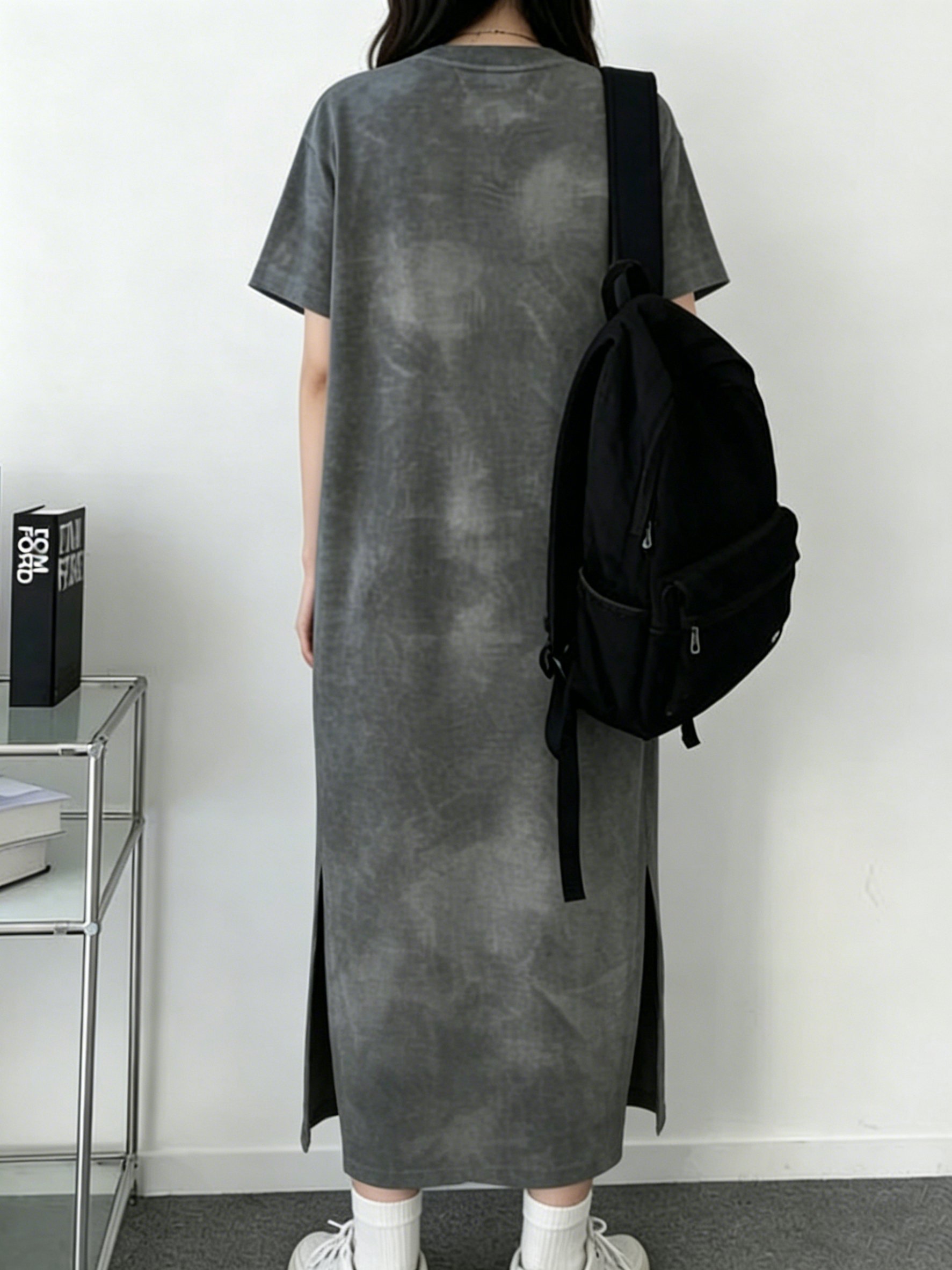 Grey Tie-Dye Print Midi T-Shirt Dress