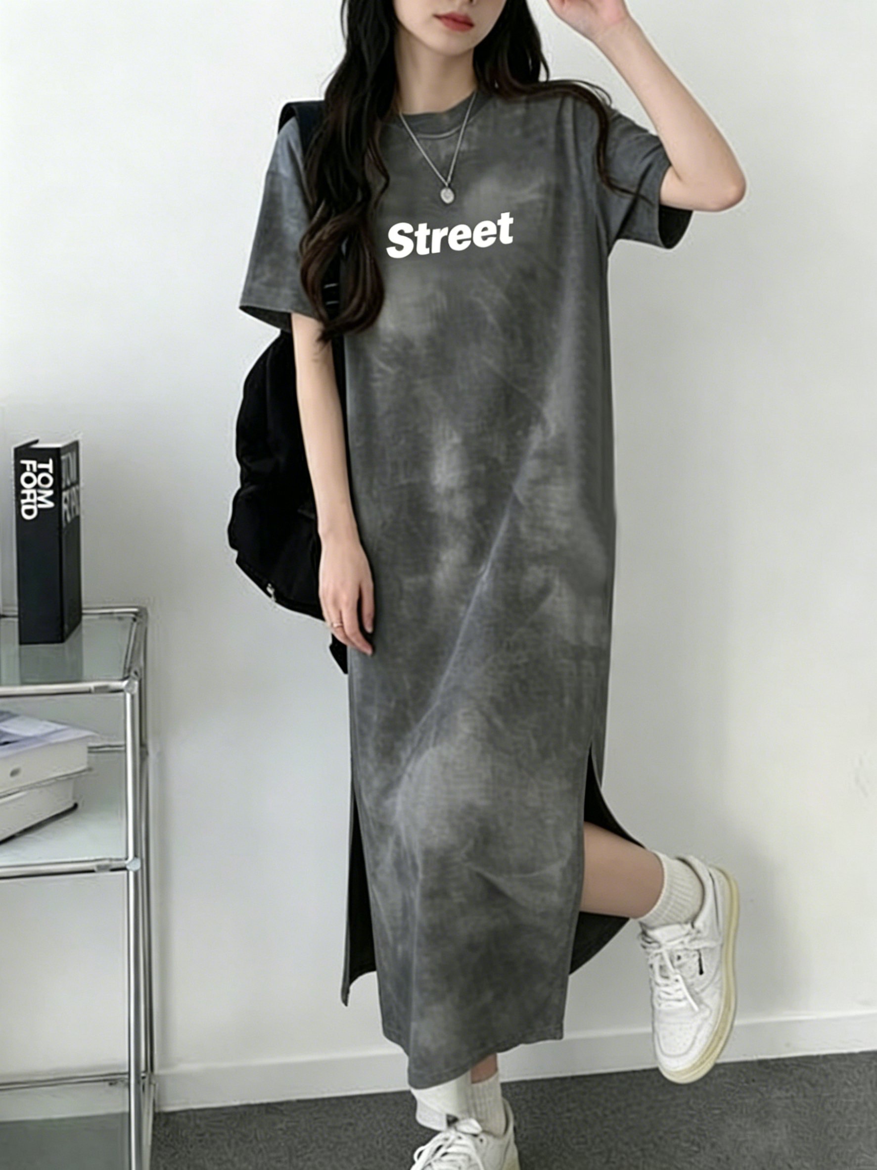 Grey Tie-Dye Print Midi T-Shirt Dress