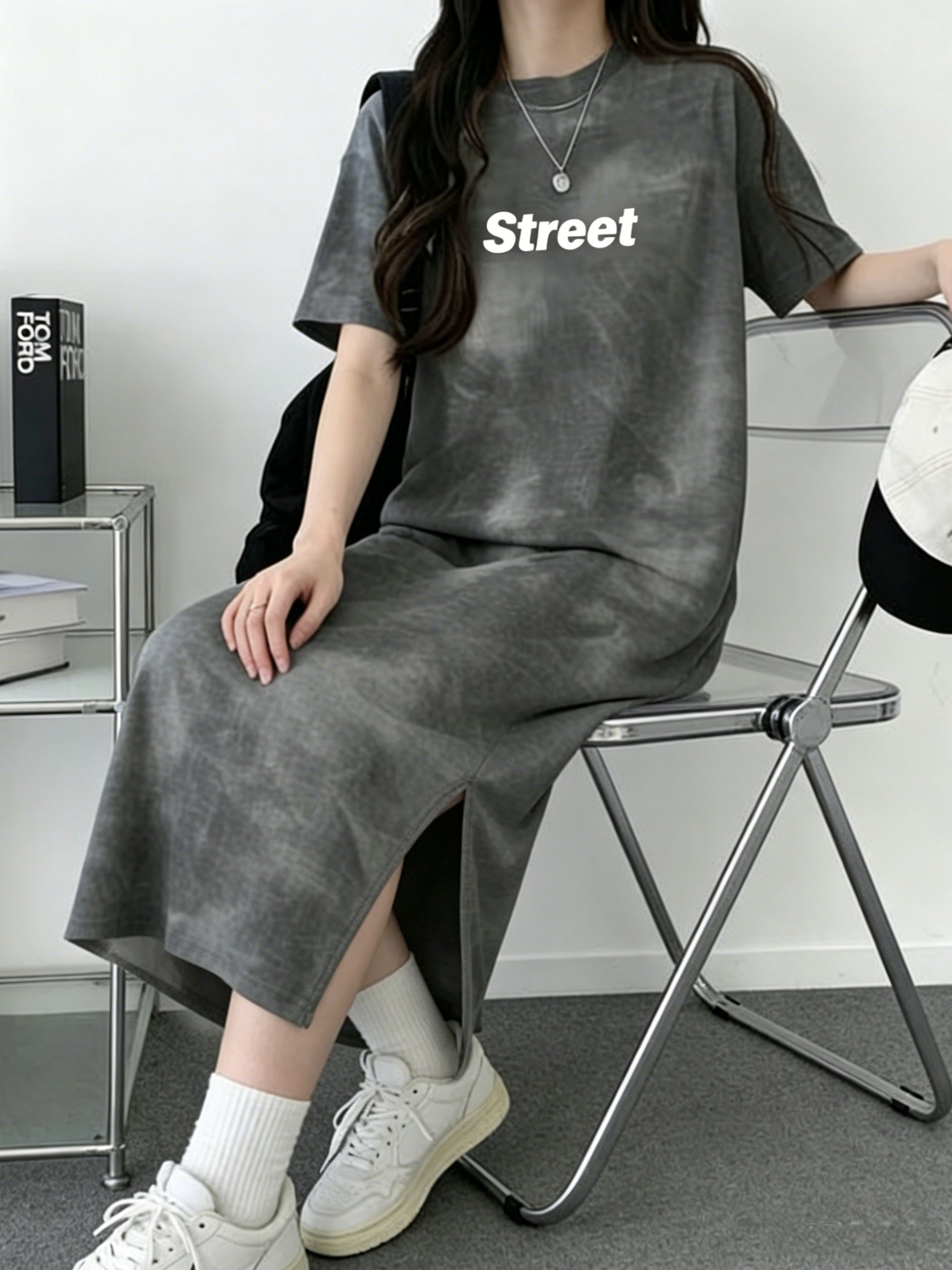 Grey Tie-Dye Print Midi T-Shirt Dress