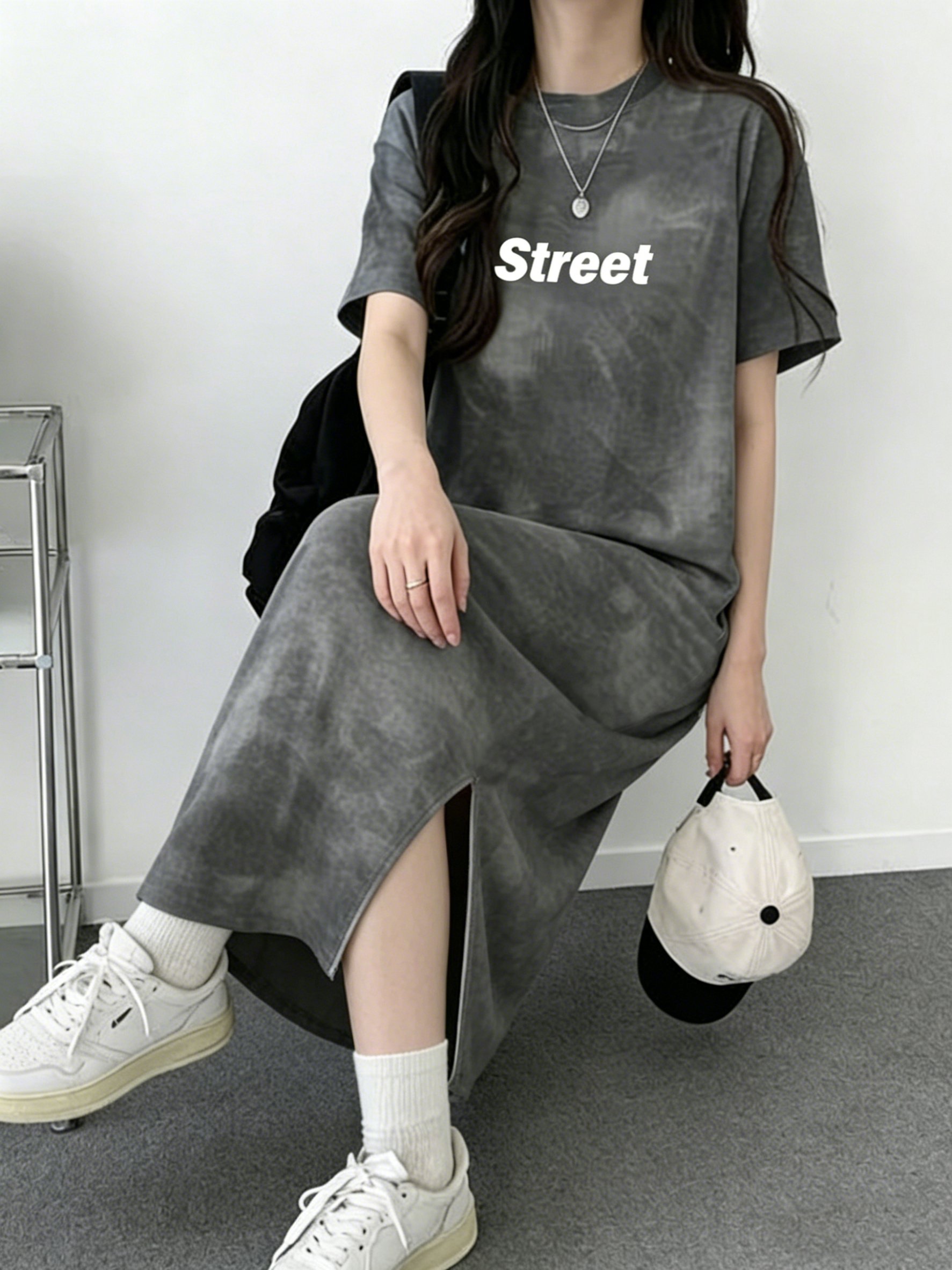 Grey Tie-Dye Print Midi T-Shirt Dress