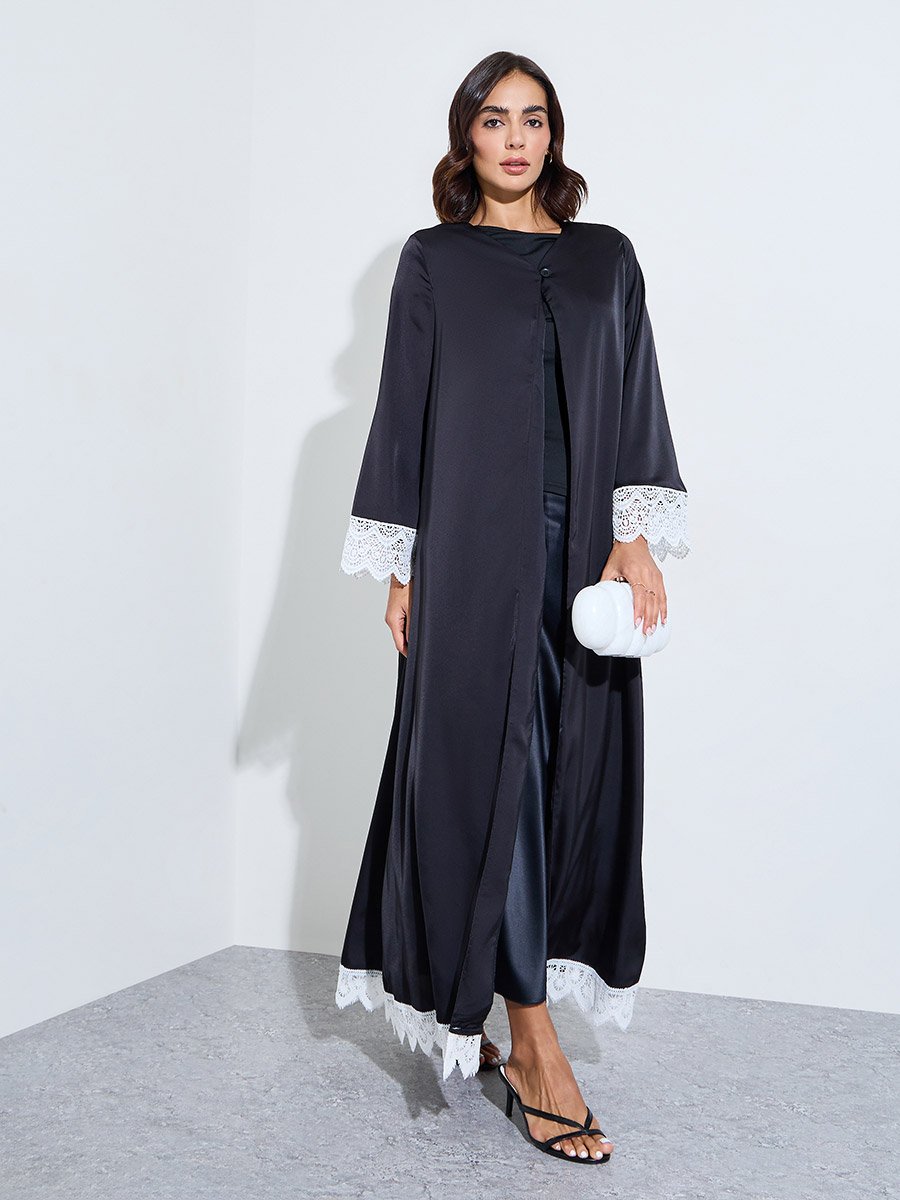 Black Solid Open Front Abaya with Delicate Lace Trim