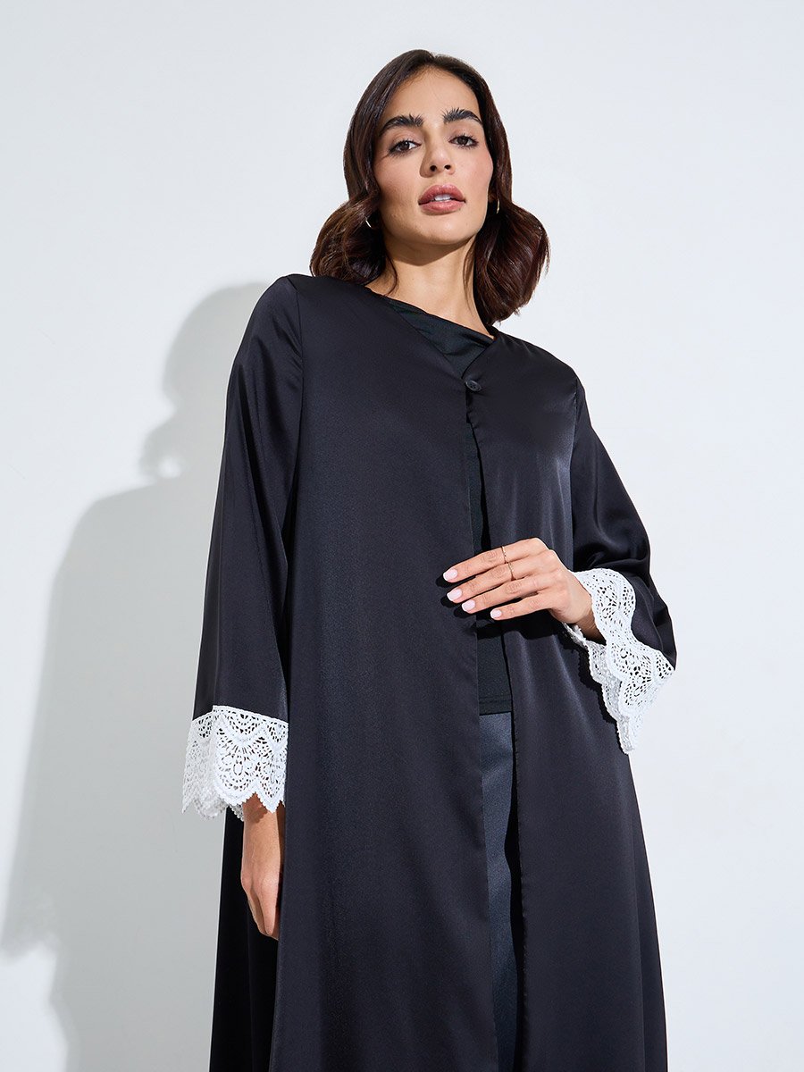 Black Solid Open Front Abaya with Delicate Lace Trim