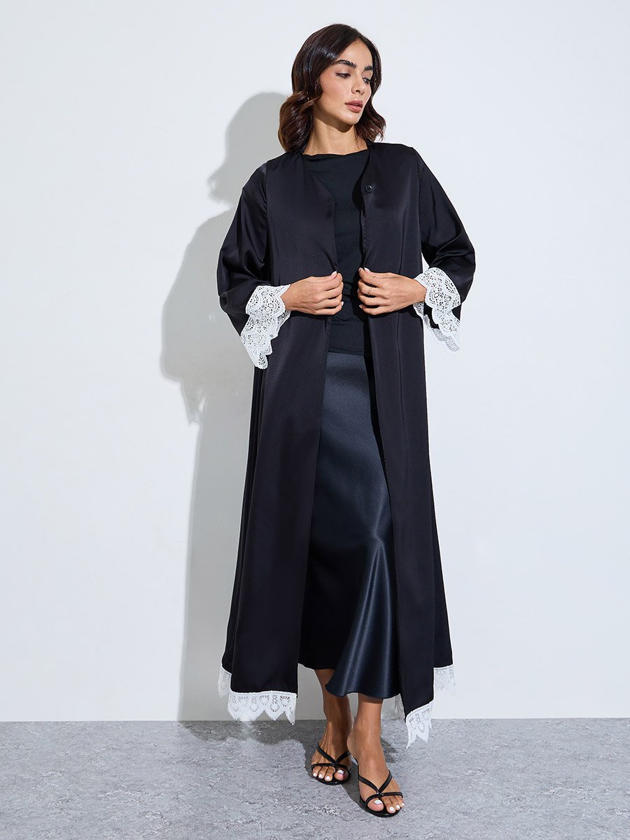 Black Solid Open Front Abaya with Delicate Lace Trim