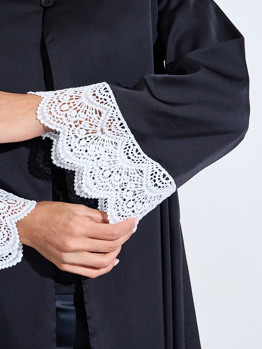 Black Solid Open Front Abaya with Delicate Lace Trim