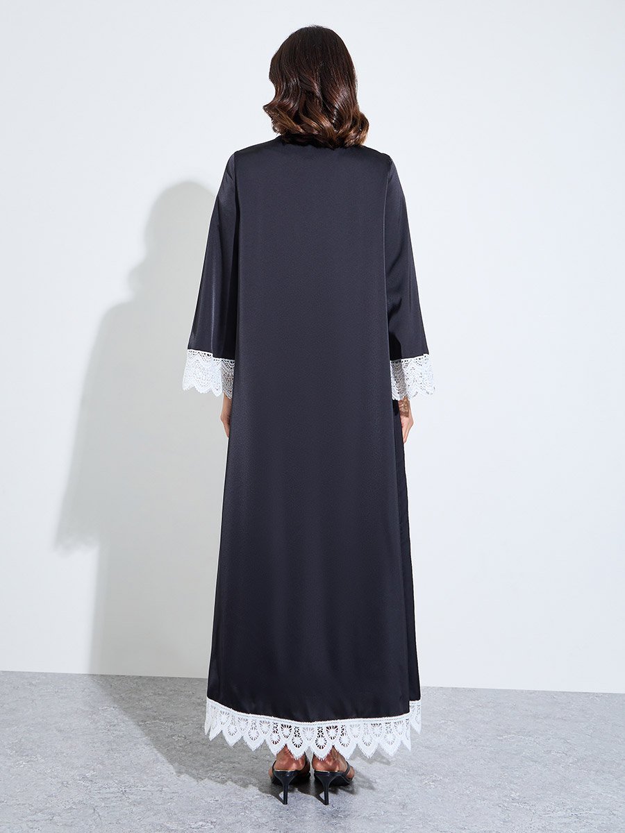 Black Solid Open Front Abaya with Delicate Lace Trim