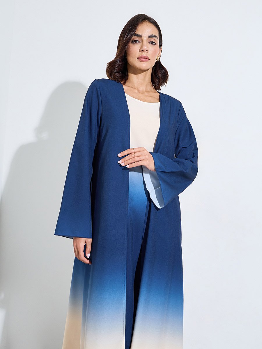 Navy Blue Color Block Open Front Abaya