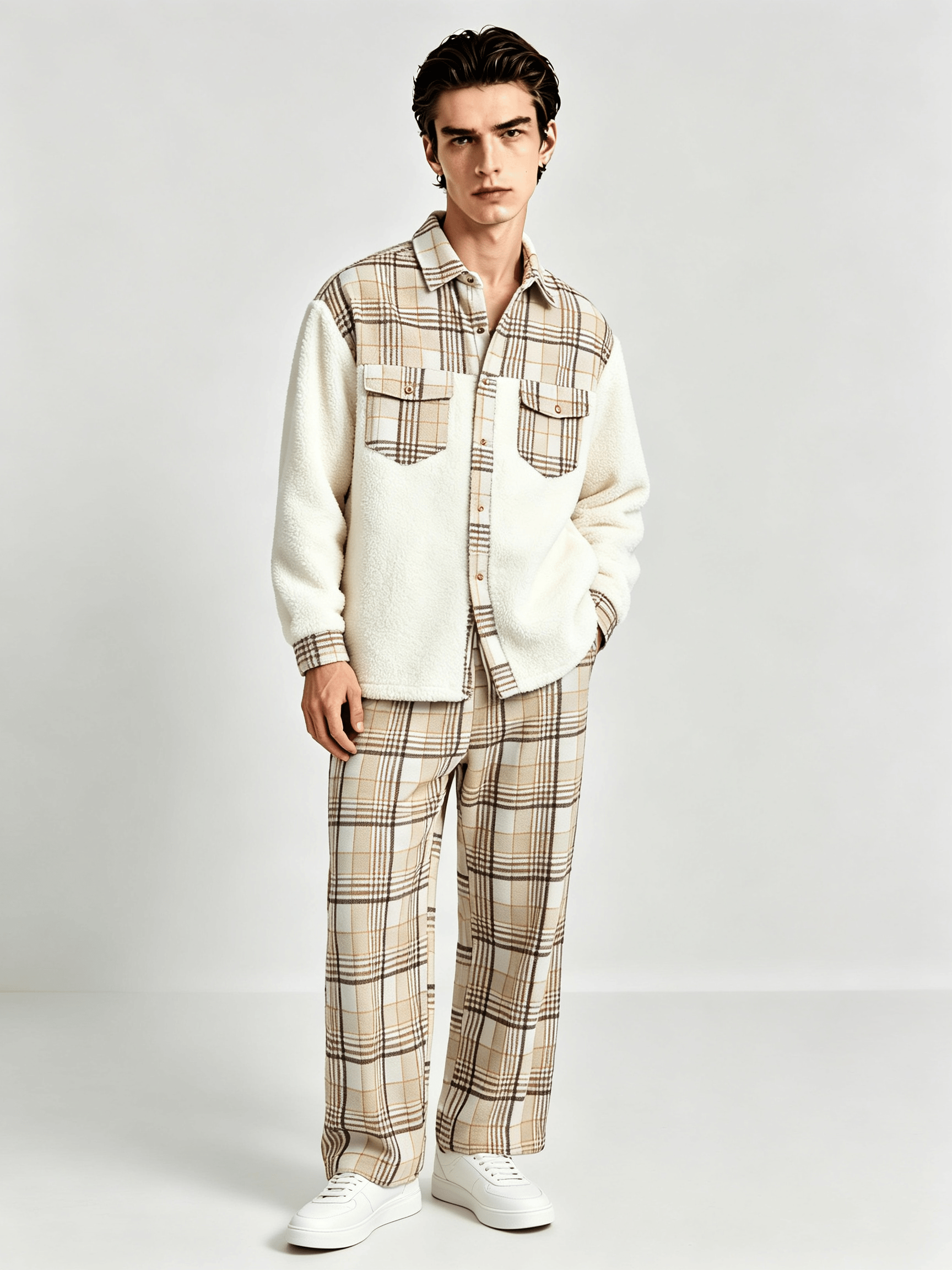 Men Checked Panel Fleece Shirt